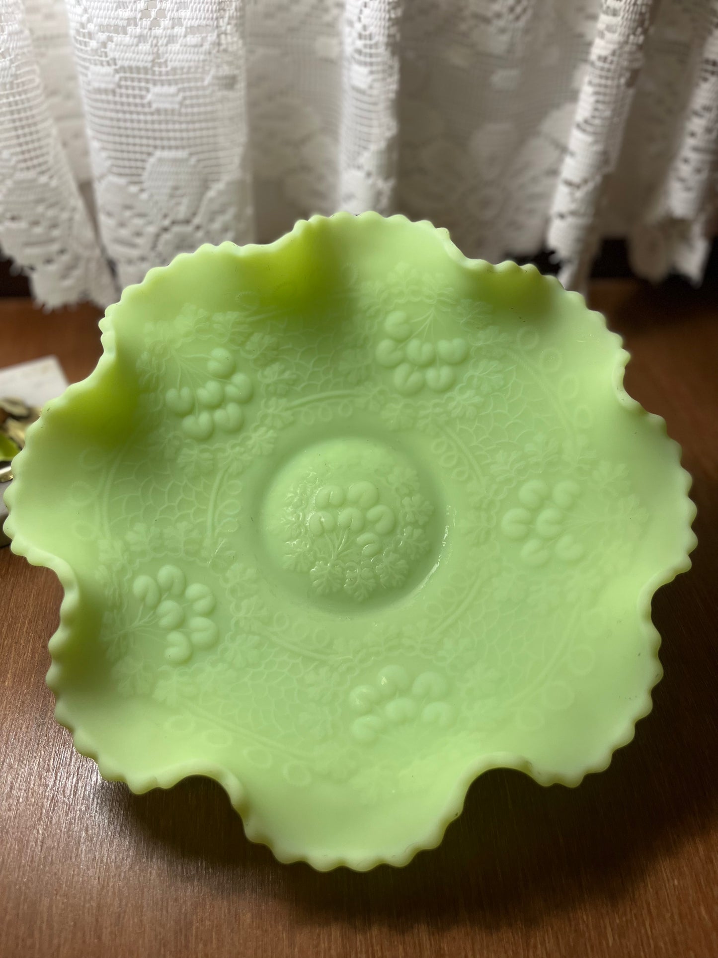 Vintage Fenton Satin Persian Medallion Uranium Ruffle Top Floral Pattern Candy Bowl