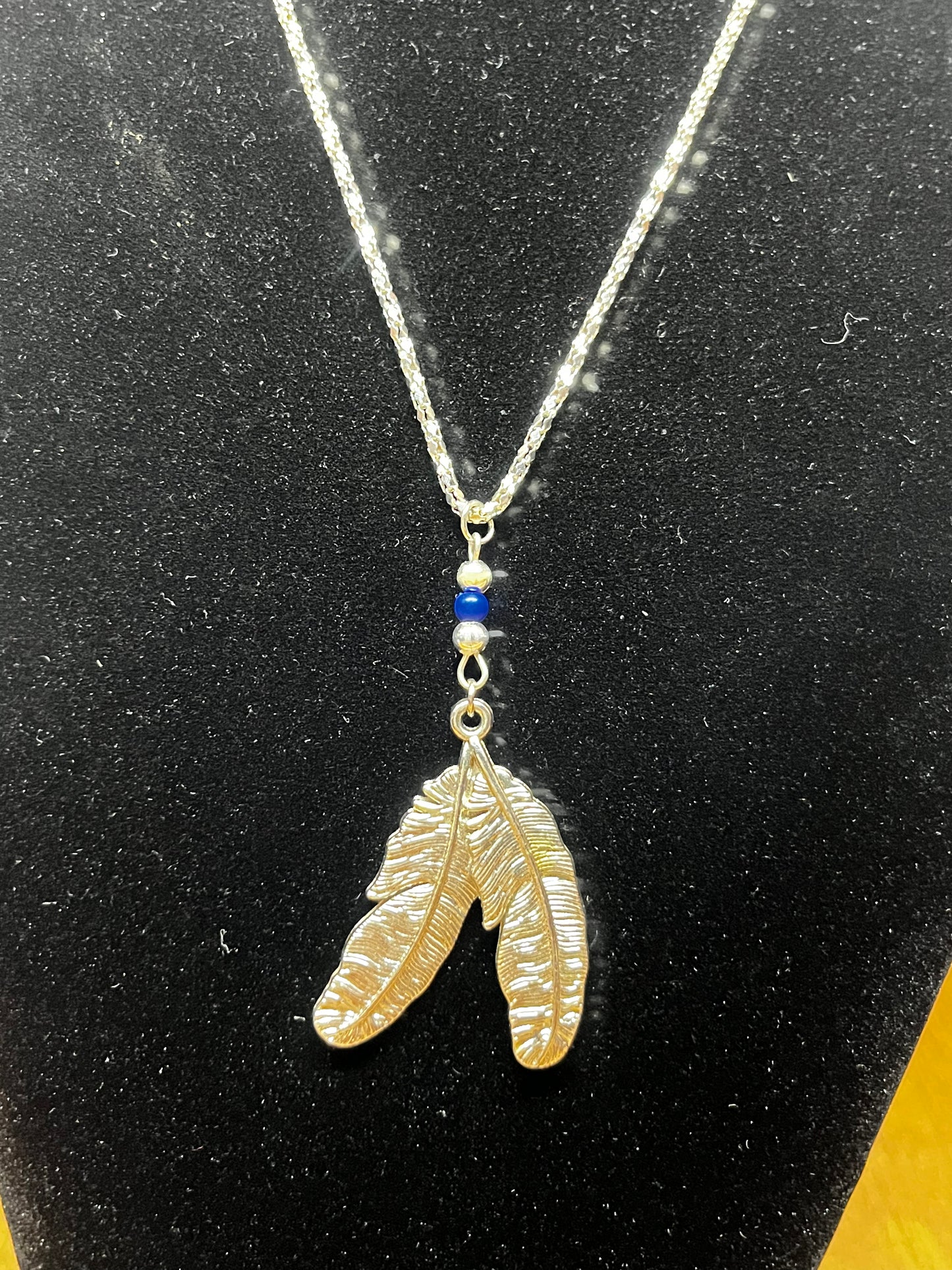 Feather & Navy Blue Bead Necklace