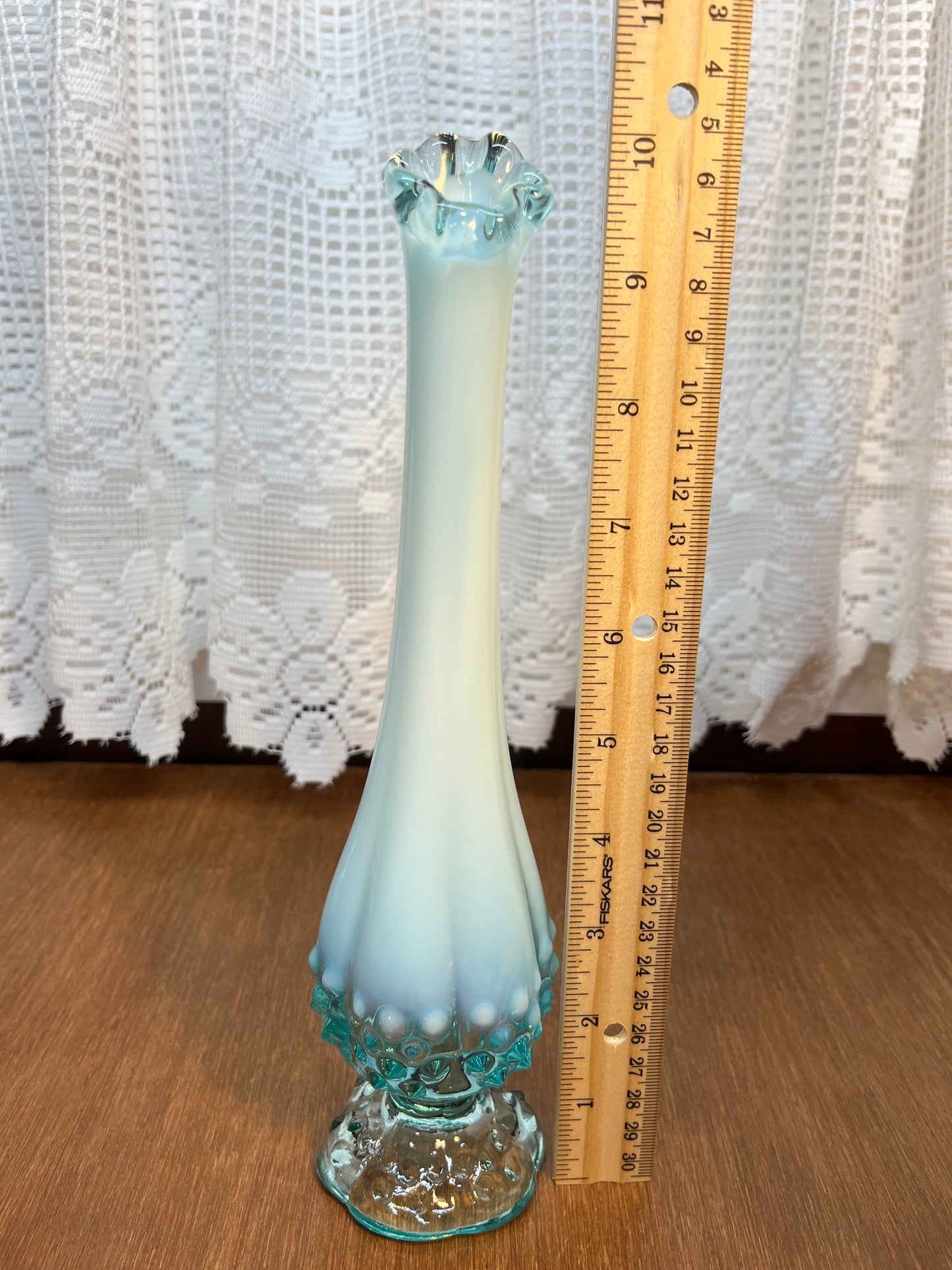 Vintage Fenton Art Glass Blue and White Opalescent Lily Swung Vase