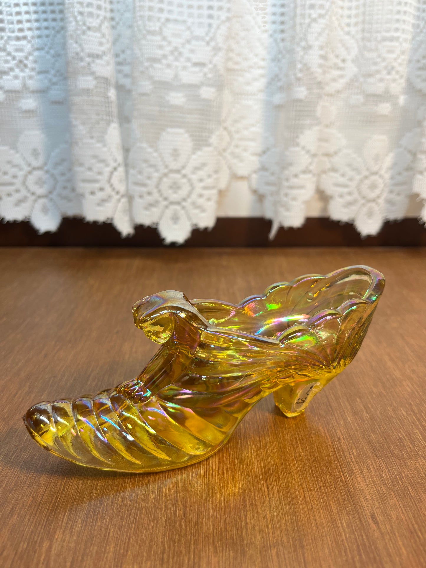 Vintage Iridescent Carnival Glass Fenton Art Glass Shoe With Sticker