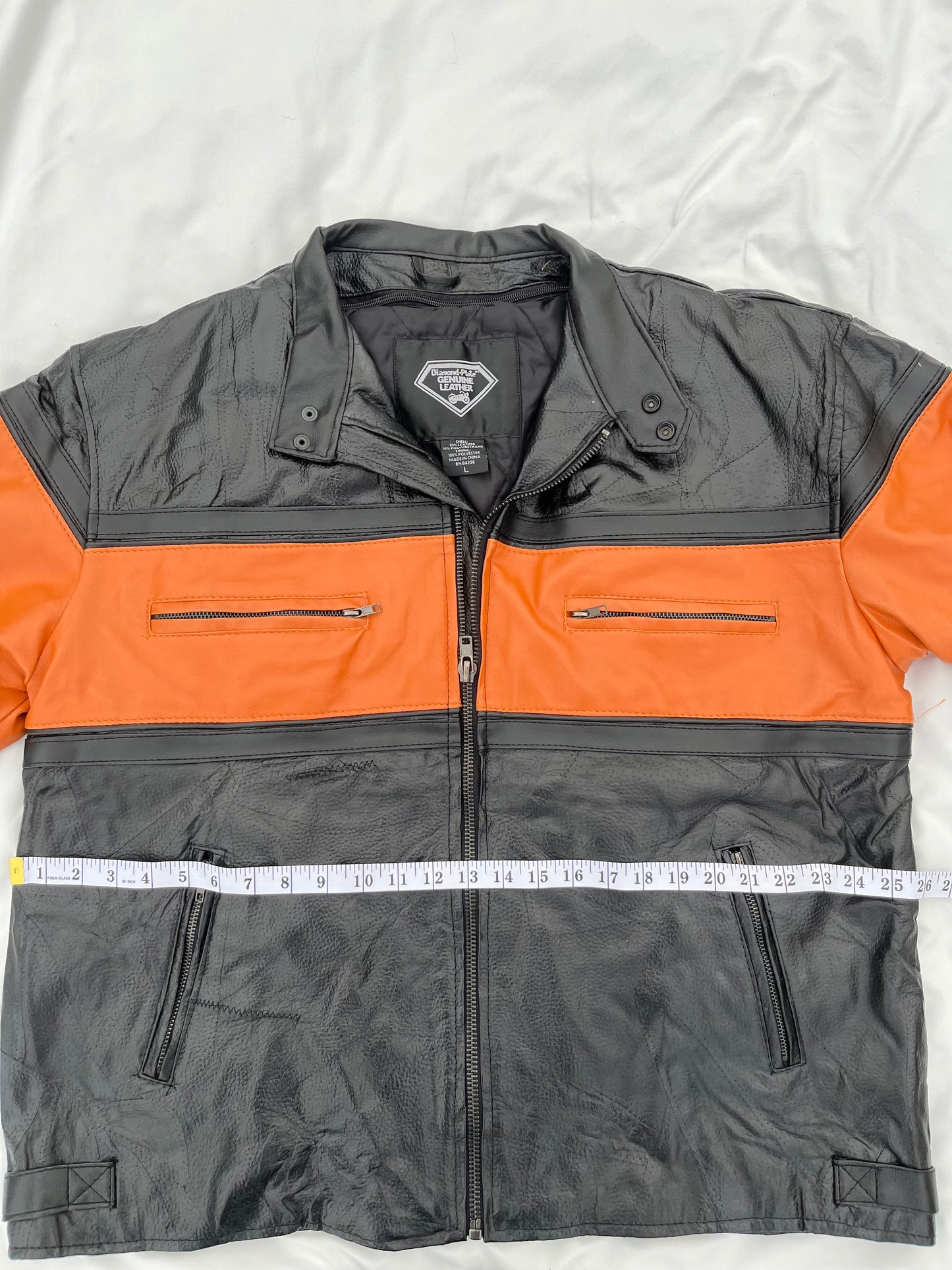 Diamond Plate Genuine Leather Black and Orange Motorcycle Jacket