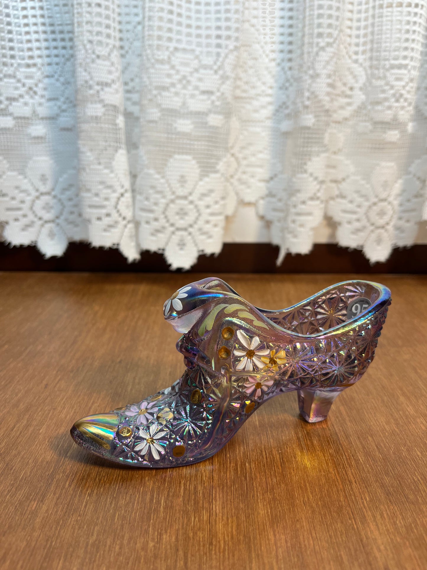 Iridescent Lilac 95th Anniversary Art Glass Fenton Hand Painted Shoe