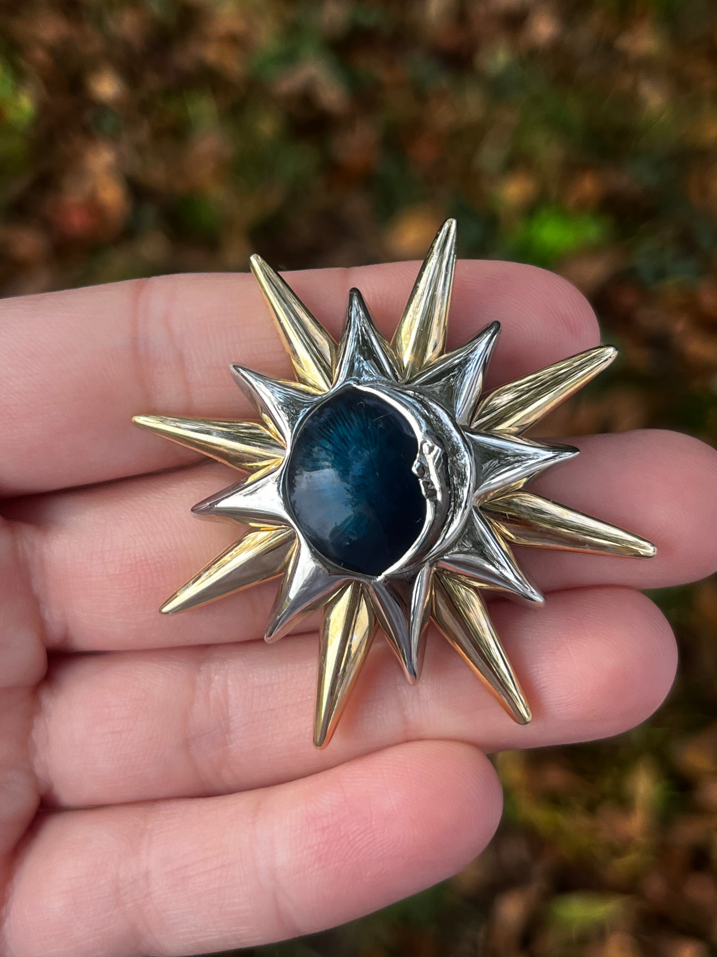 Gold and Silver Toned Moon and Sun Brooch