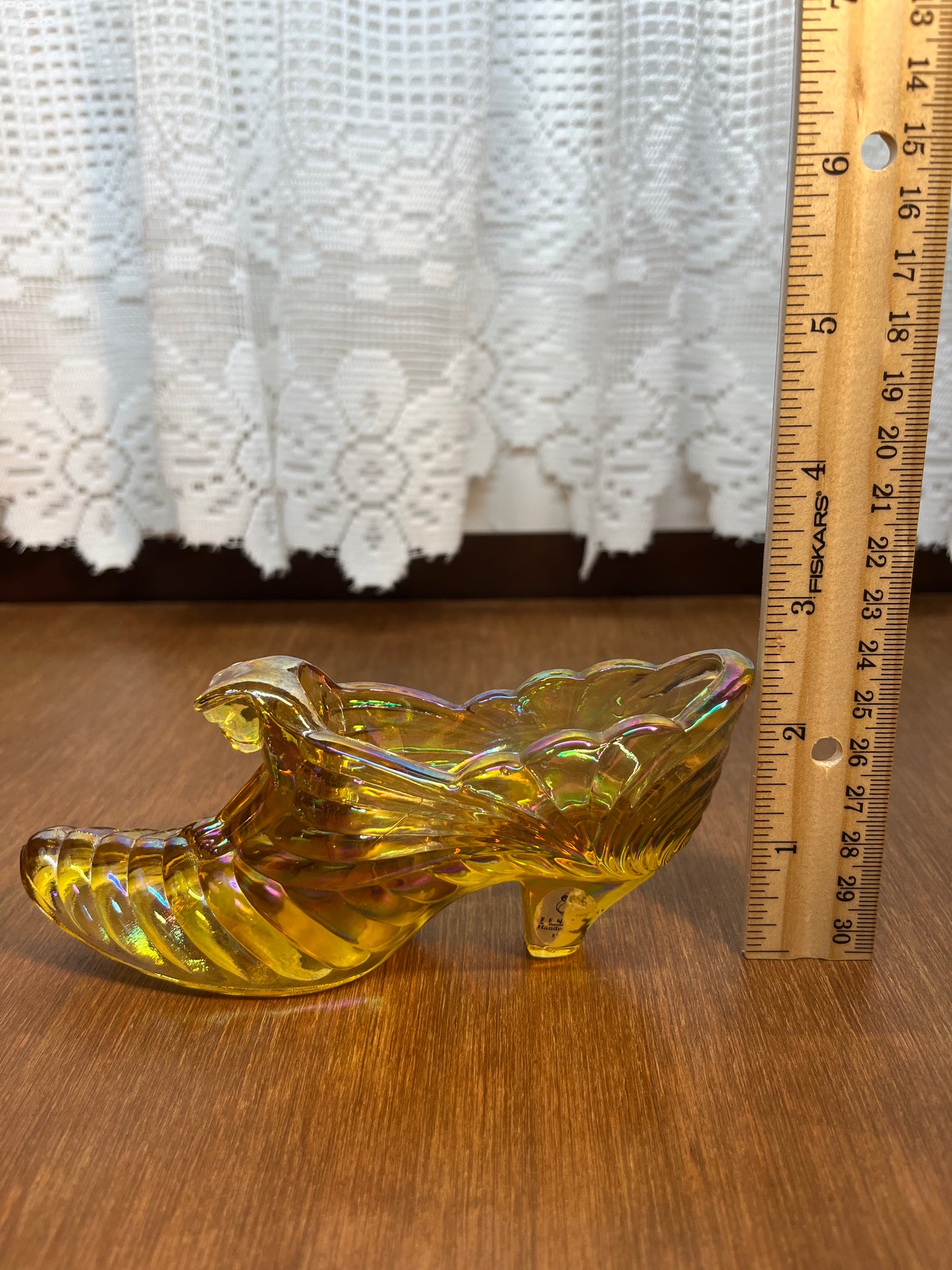 Vintage Iridescent Carnival Glass Fenton Art Glass Shoe With Sticker