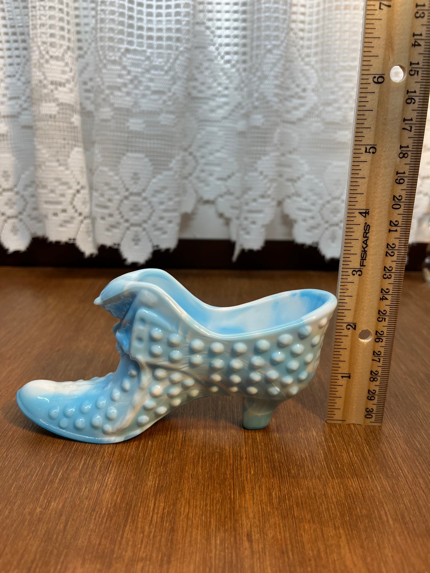 Vintage Blue & White Hobnail Fenton Art Glass Shoe