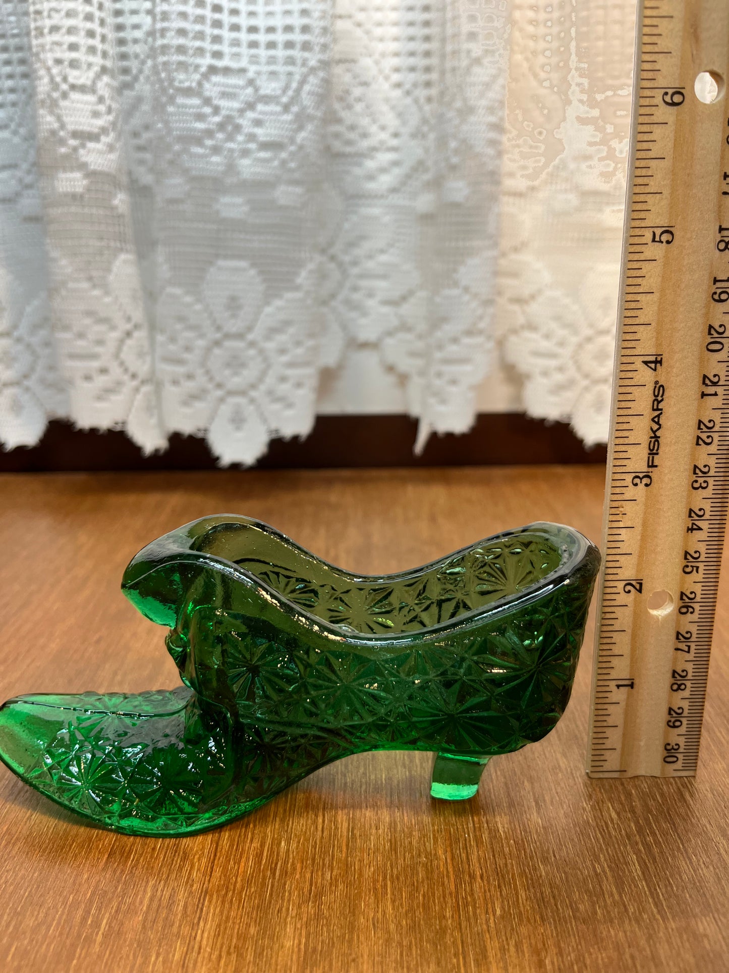 Vintage Forest Green Cat Face Art Glass Shoe