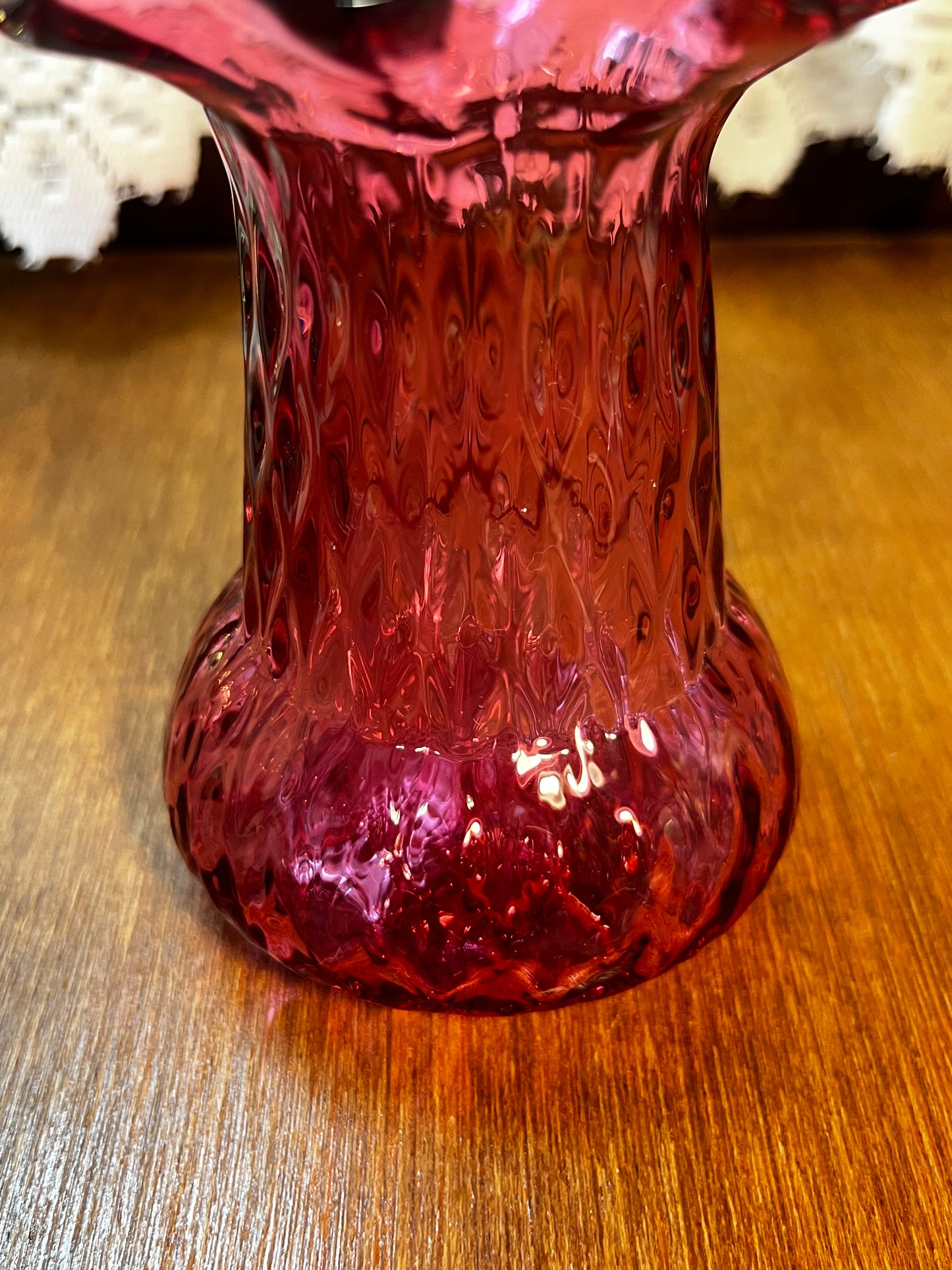 Vintage Cranberry Ruffle Top Textured Vase
