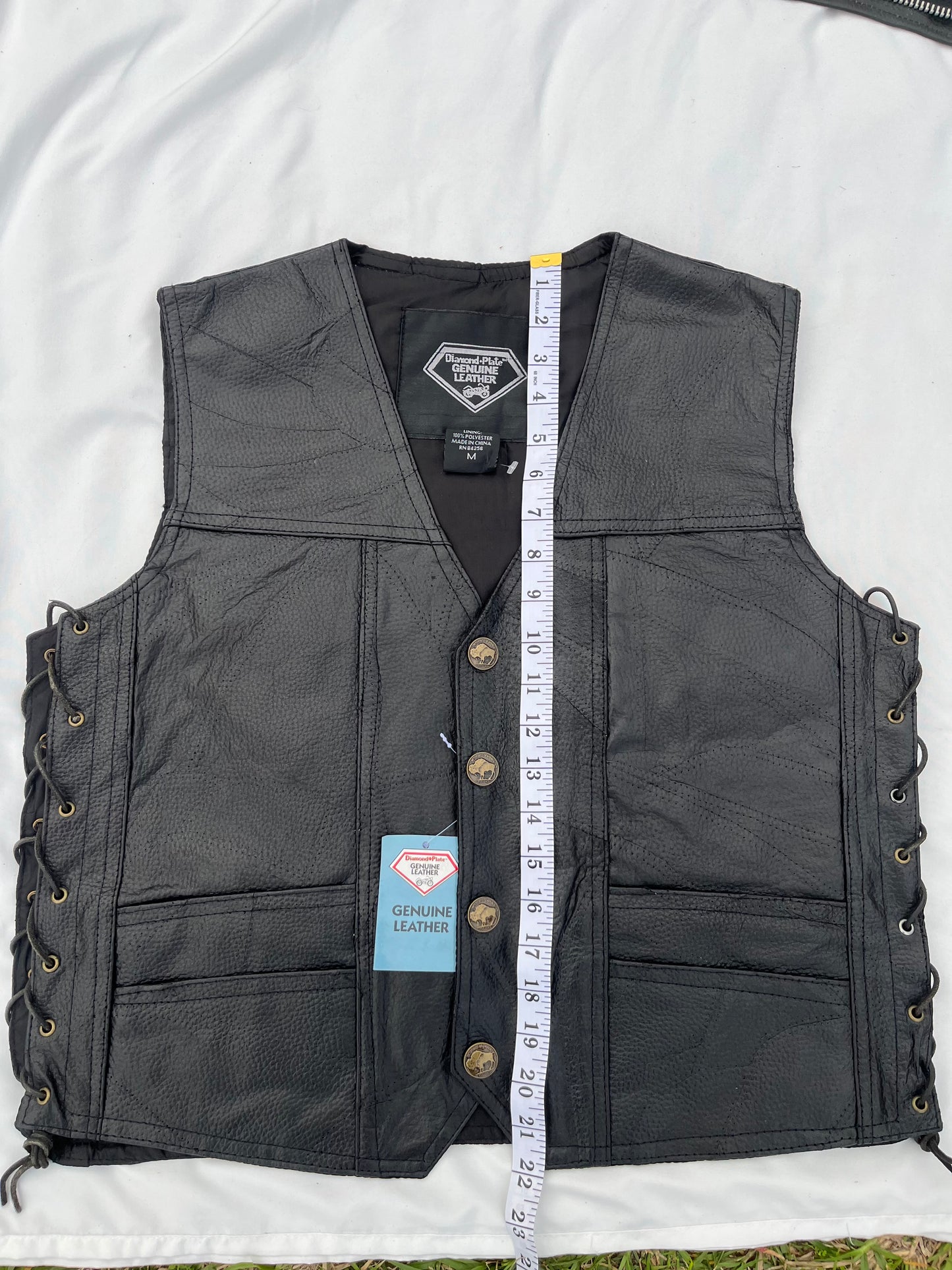 Diamond Plate Genuine Leather Vest with Eagle M