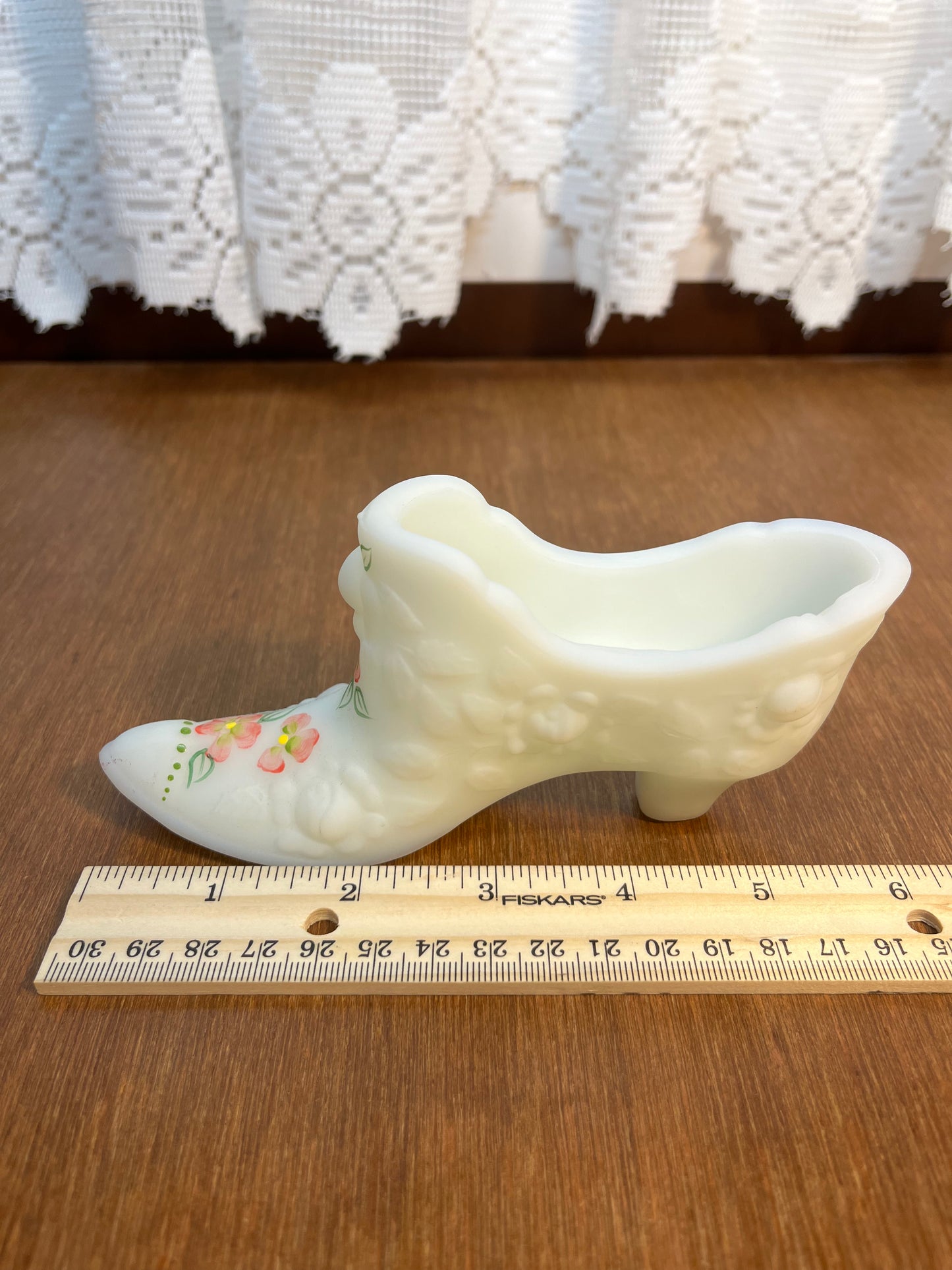 Vintage Satin Floral White Hand Painted Fenton Art Glass Shoe