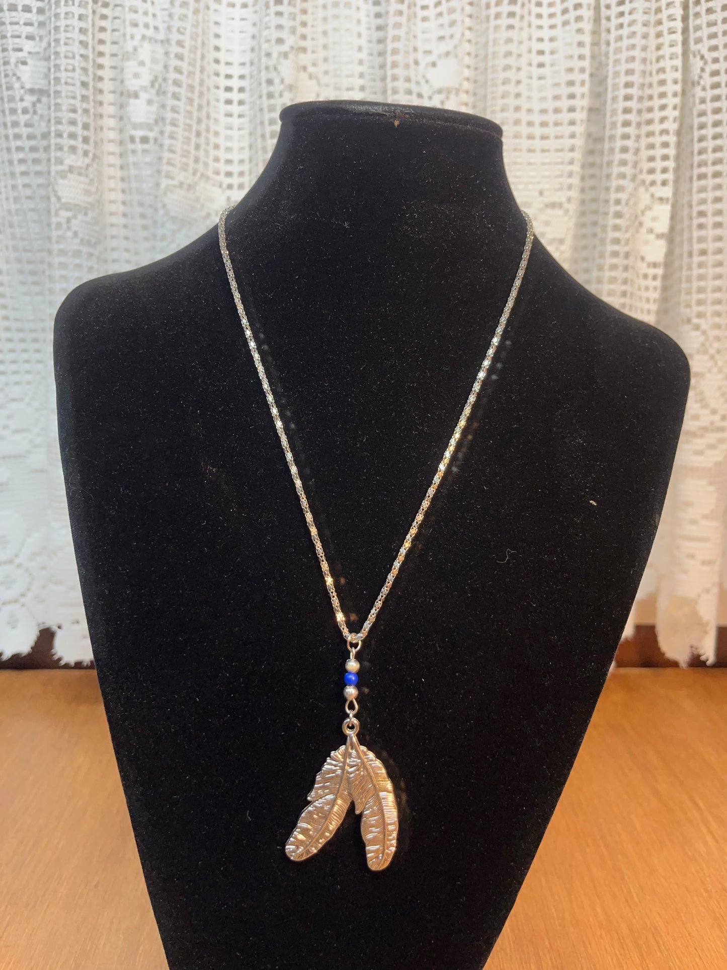 Feather & Navy Blue Bead Necklace