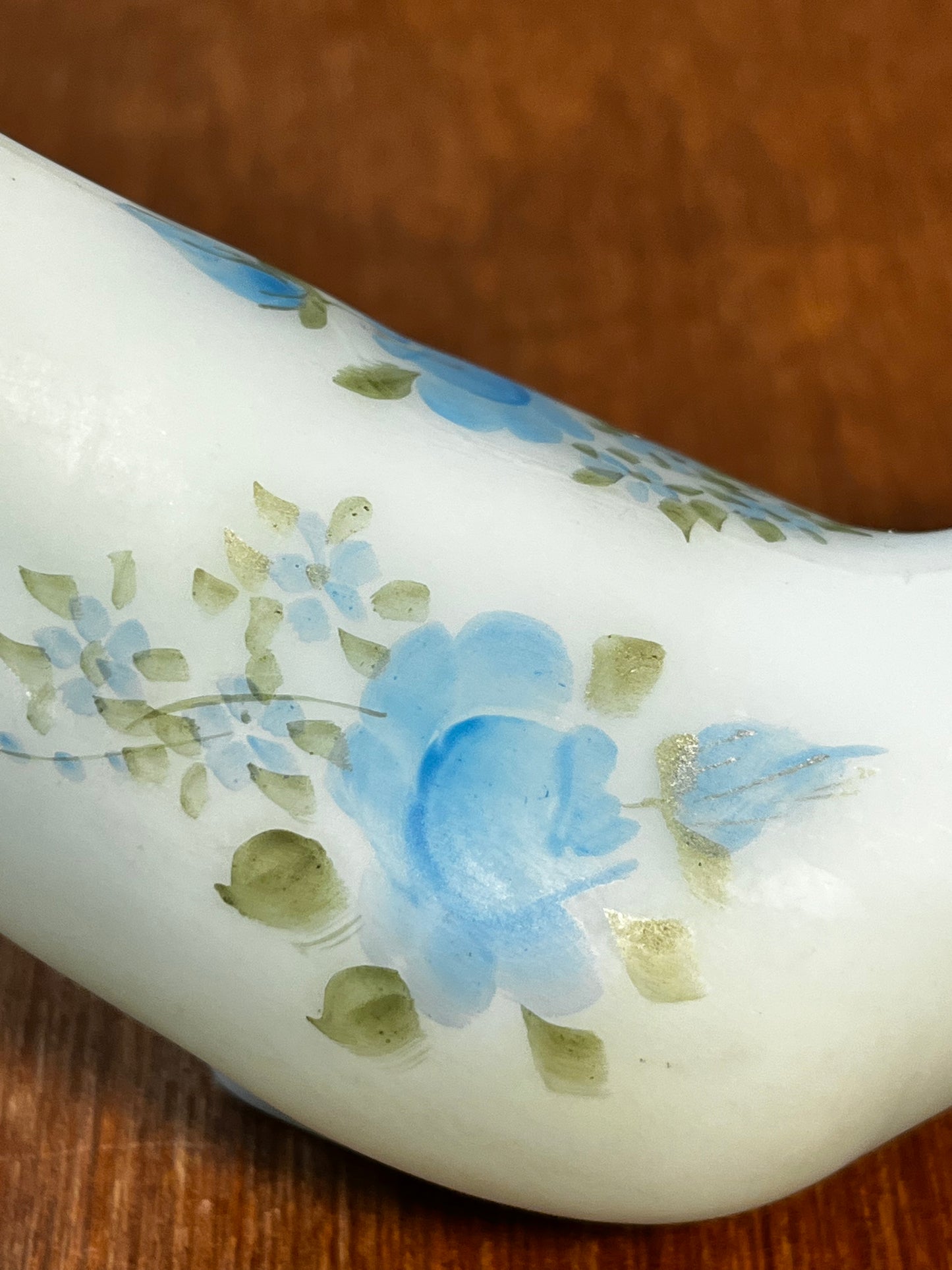 Vintage Blue Satin Hand Painted Fenton Rose Bird