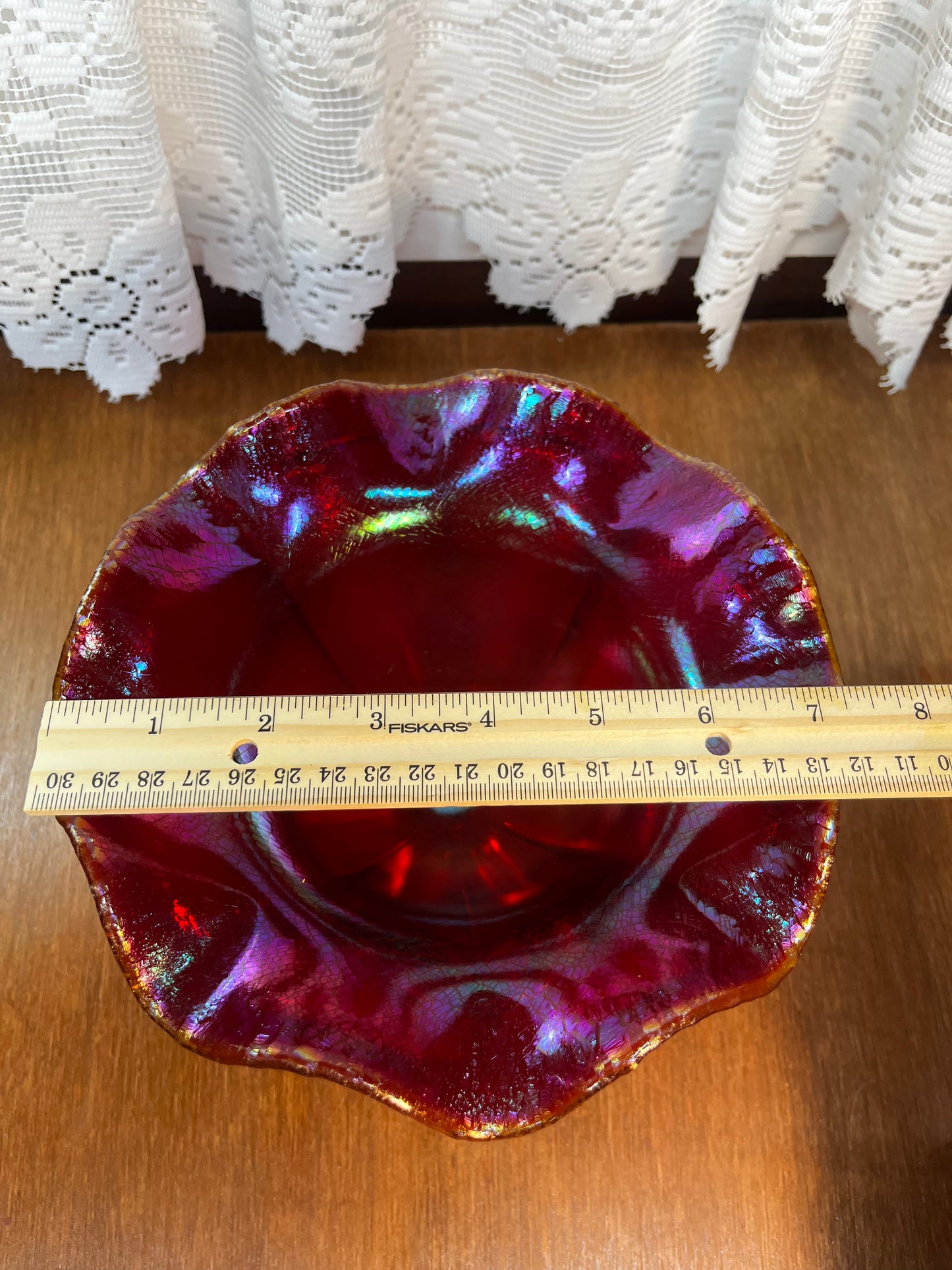 Vintage Amberina Fenton Carnival Glass Pedestal Ruffle Top Dish