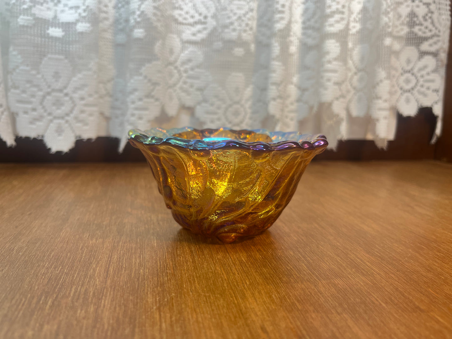 Vintage Indiana Amber Iridescent Carnival Glass Candle Holder