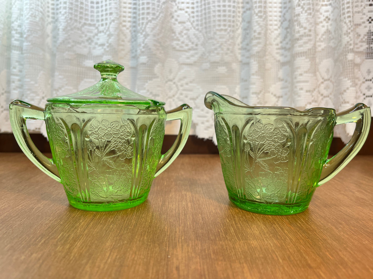 Vintage Floral Etched Uranium Cream And Sugar Set