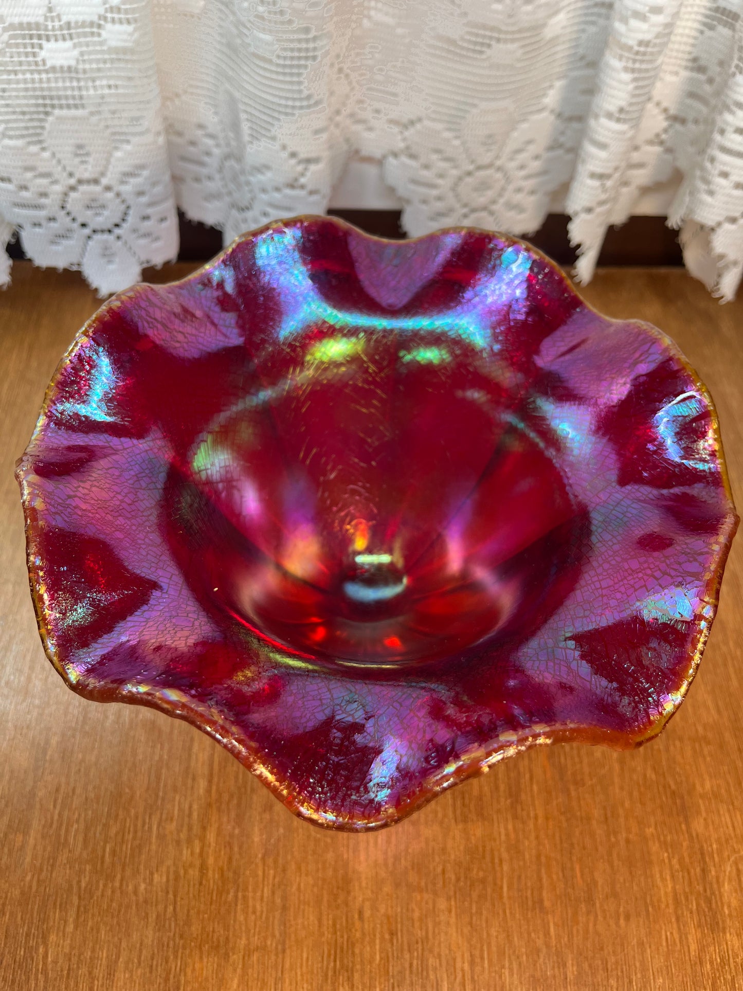 Vintage Amberina Fenton Carnival Glass Pedestal Ruffle Top Dish