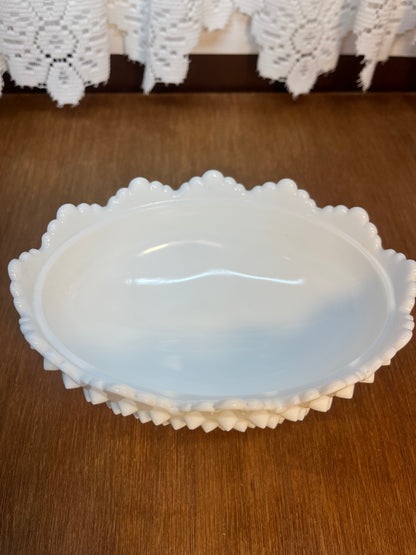 Vintage Milk Glass Hobnail Fenton Oval Covered Candy Bowl