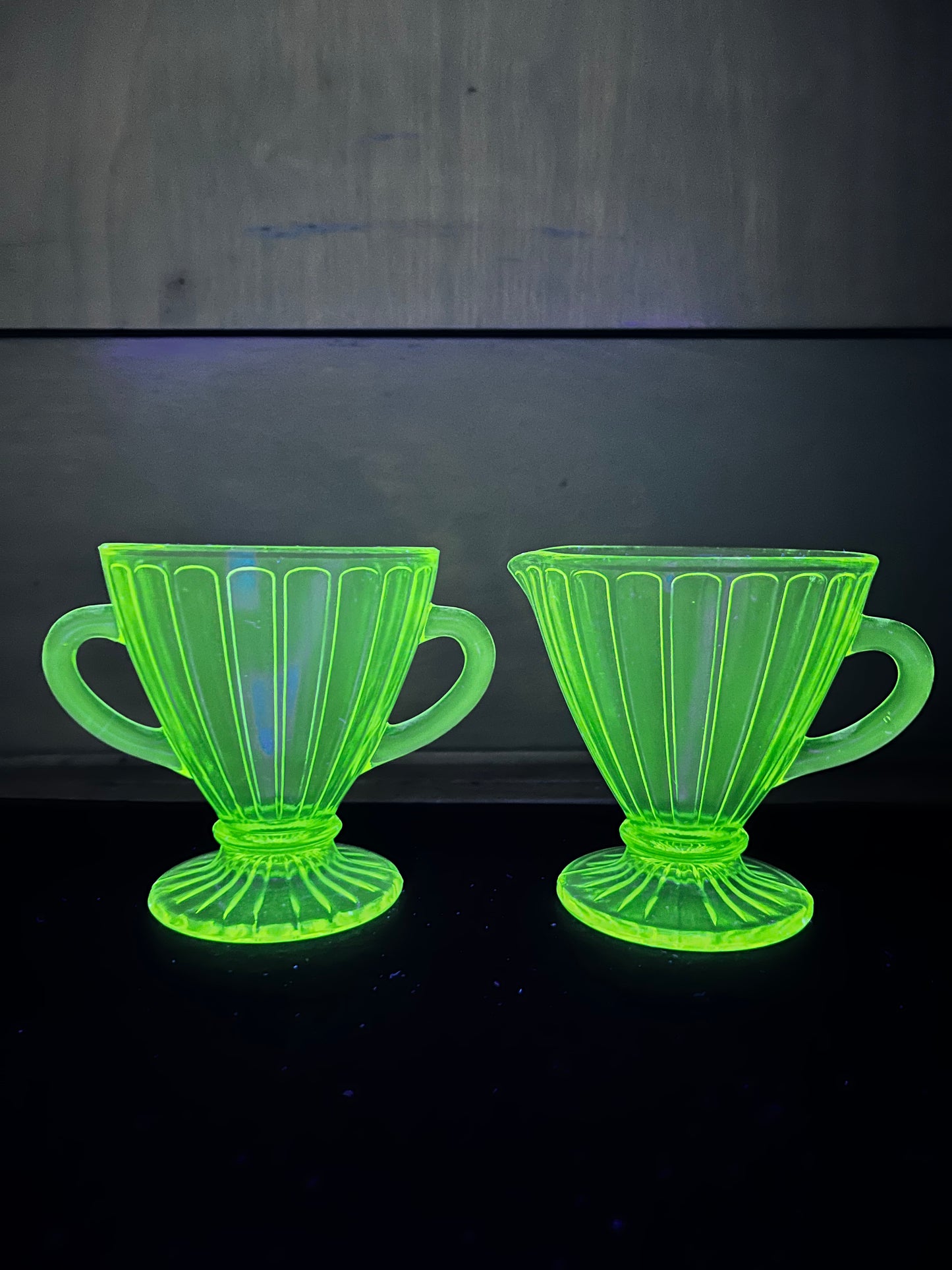 Vintage Panel Pattern Uranium Glass Cream And Sugar Set