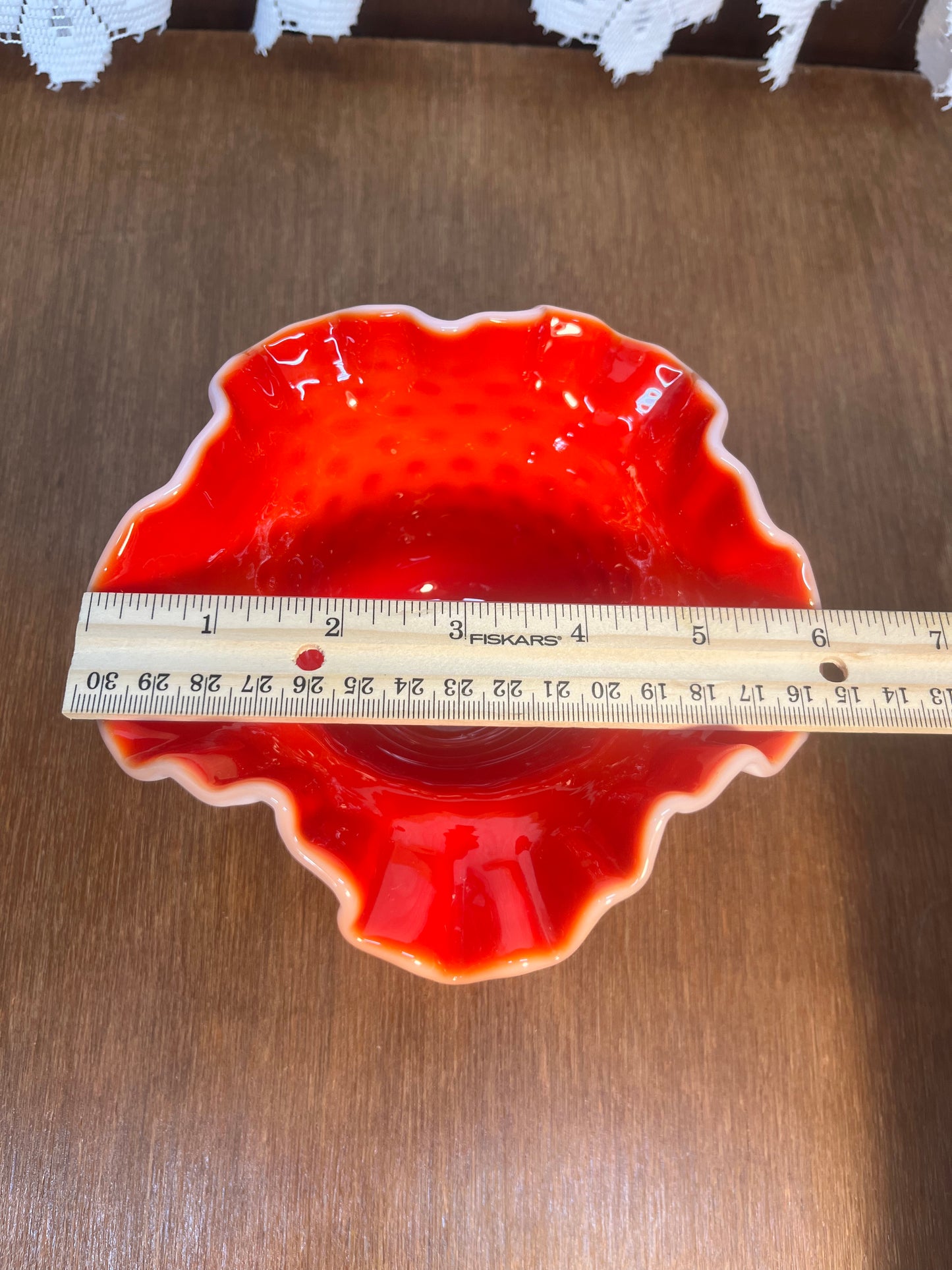 Vintage Ruffle Top Hobnail Milk Glass & Red Interior Art Glass Bowl