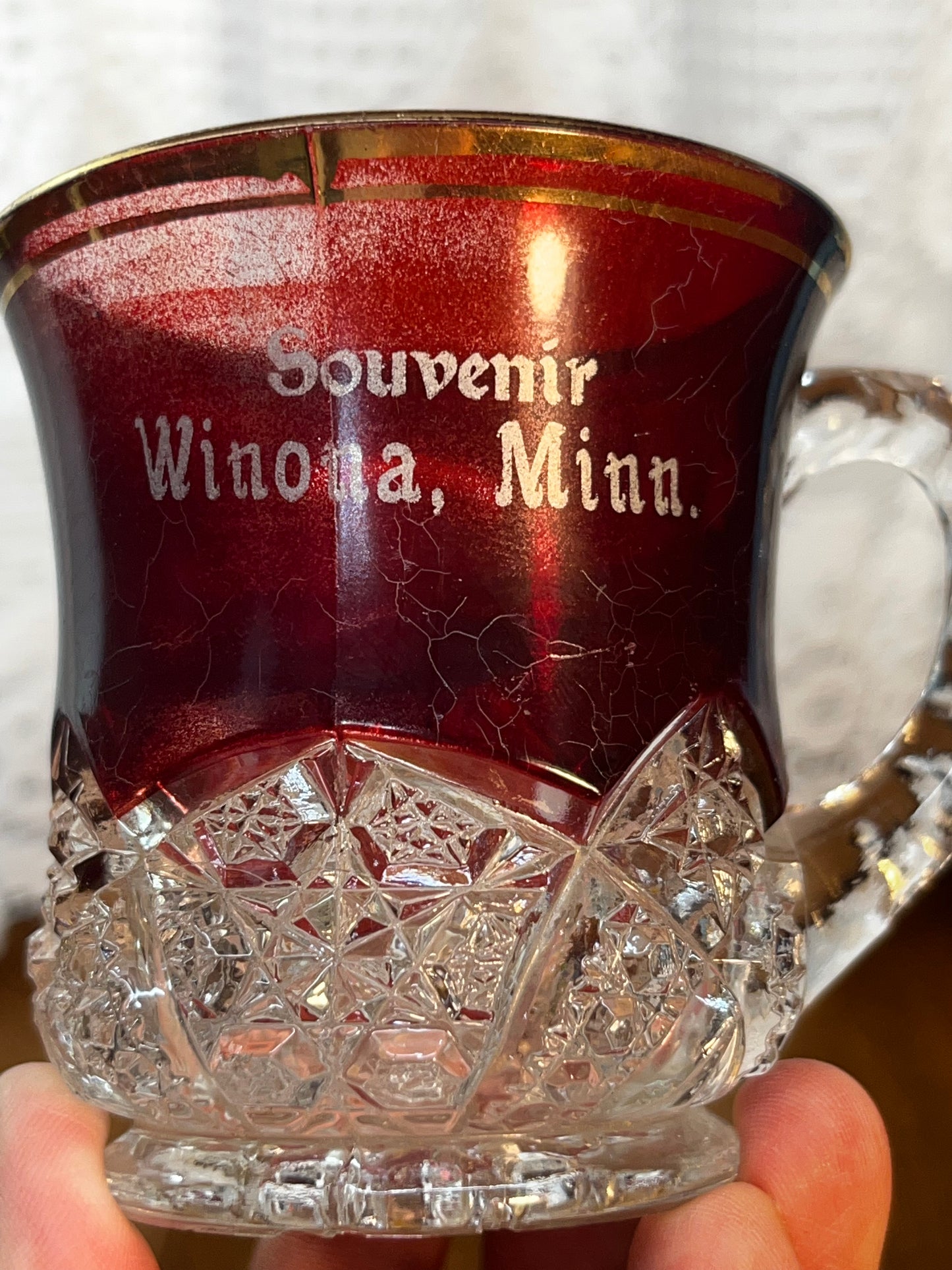 Vintage Collectible Ruby Stained Winona, Minnesota Souvenir Glass