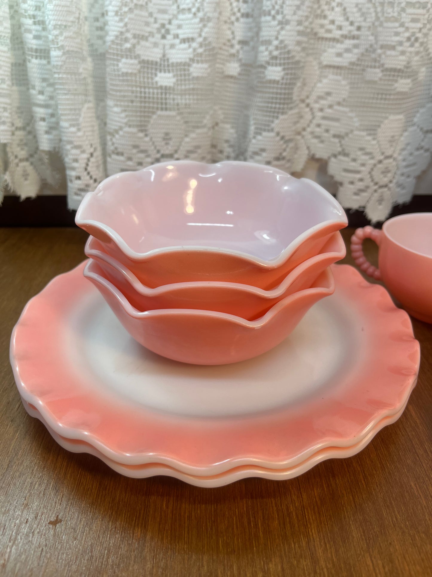 Vintage 1950’s Crinoline Hazel Atlas Pink Ruffled 12 Piece Dinning Set