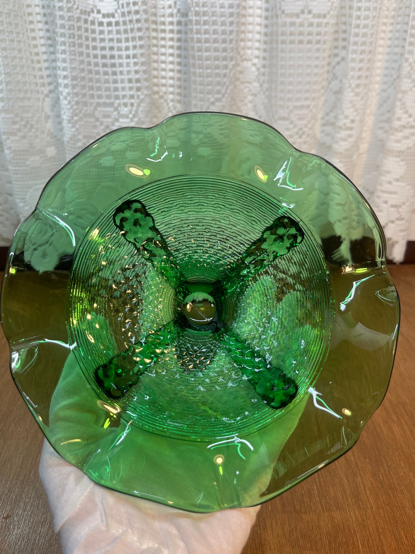 Vintage Emerald Green Ruffle Top Pedestal Dish