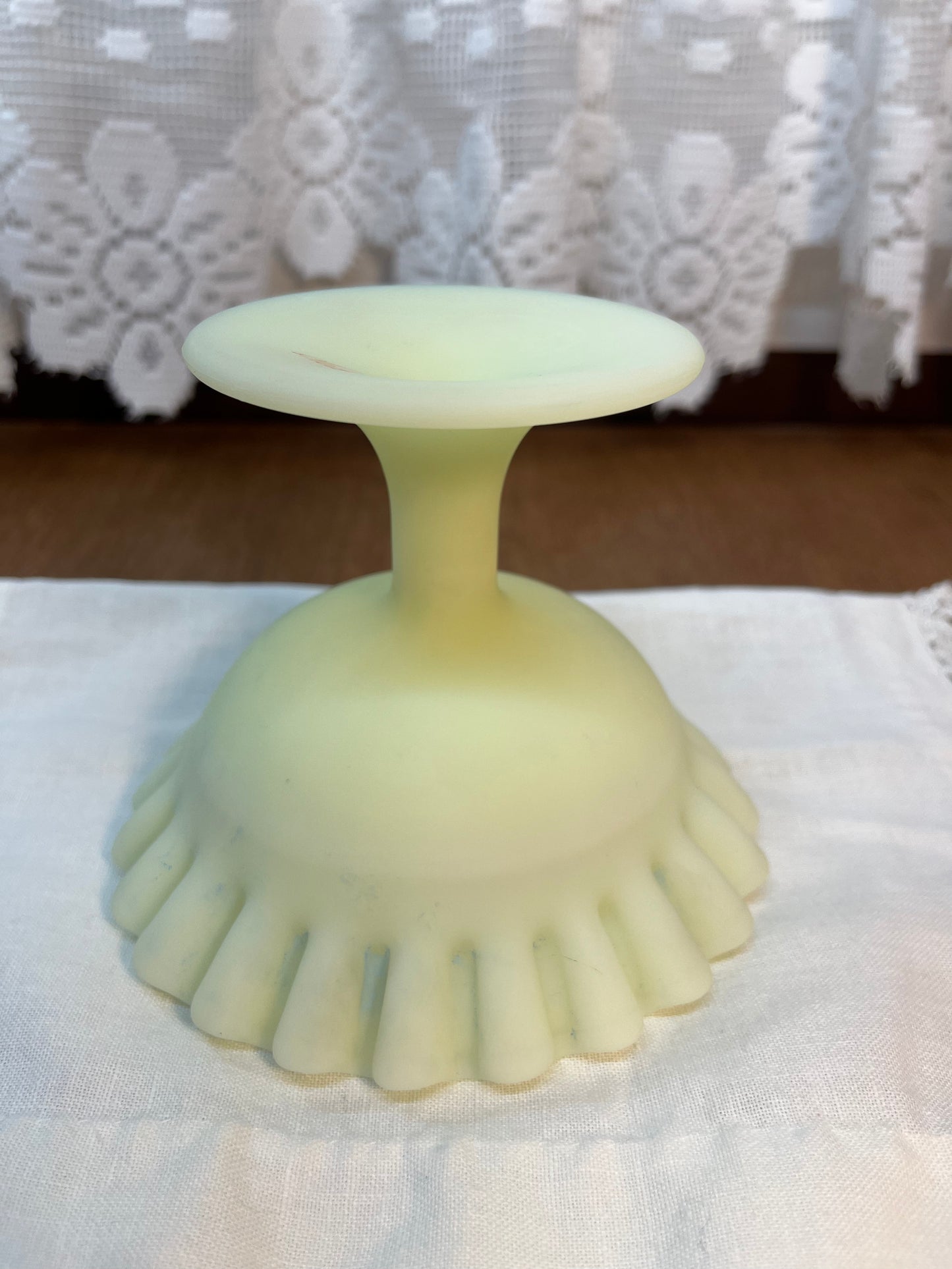 Vintage Uranium Ruffle Top Fenton Embossed Floral Design Pedestal Dish