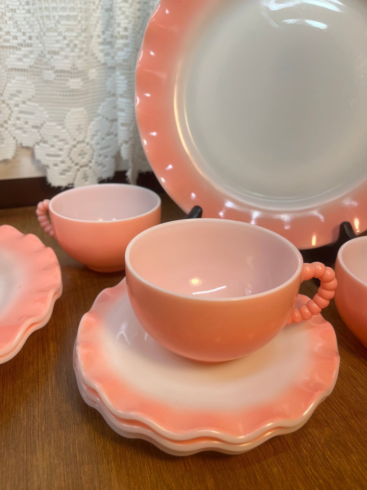 Vintage 1950’s Crinoline Hazel Atlas Pink Ruffled 12 Piece Dinning Set