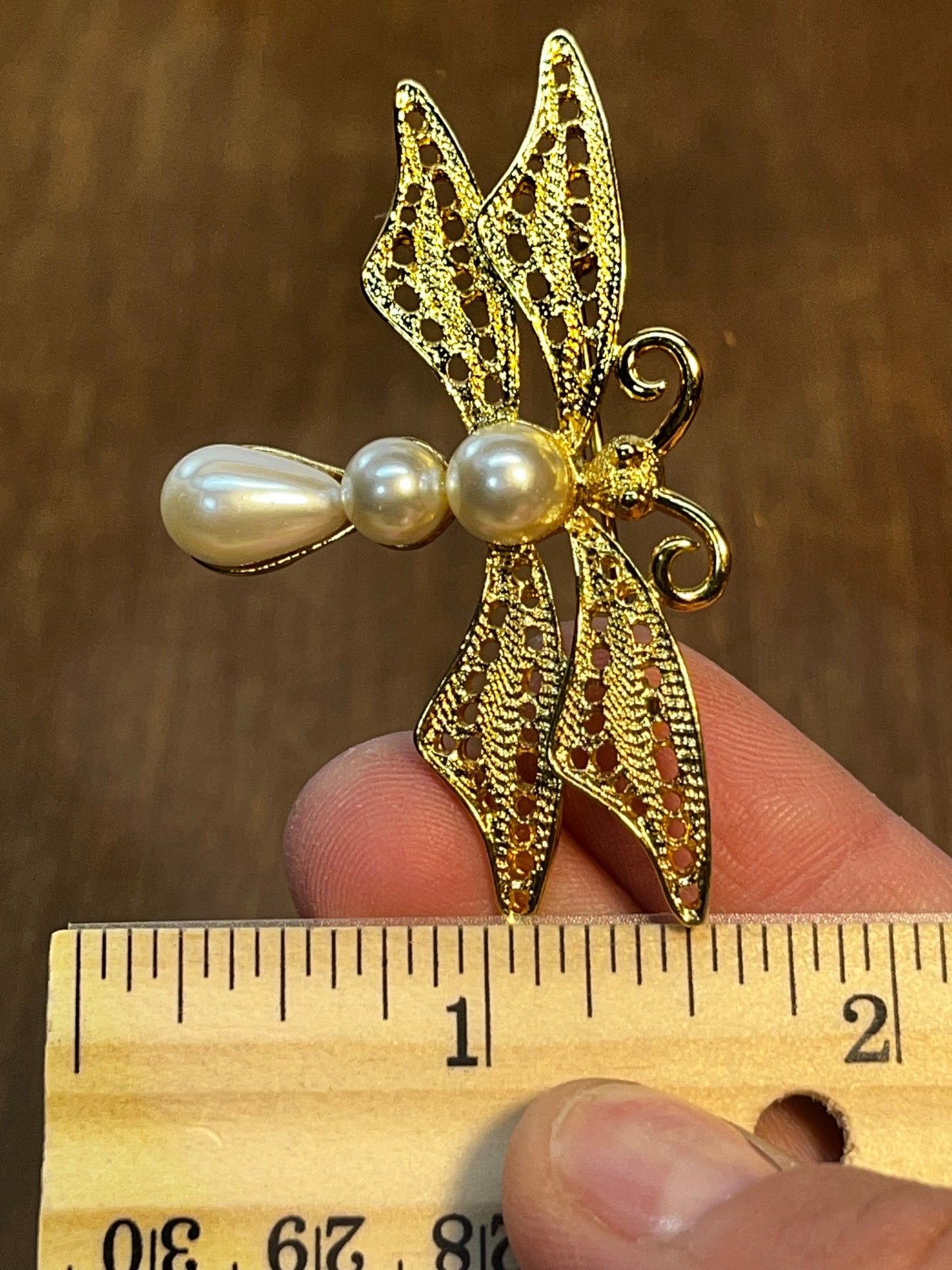 Vintage Gold Tone & Pearl Dragon Fly Brooch