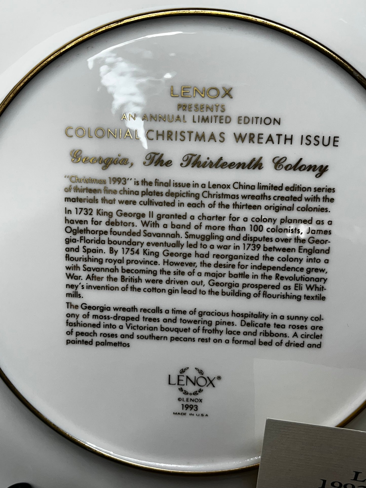 Vintage Collectible Lenox Colonial Wreath Series 1993 Decorative Plate