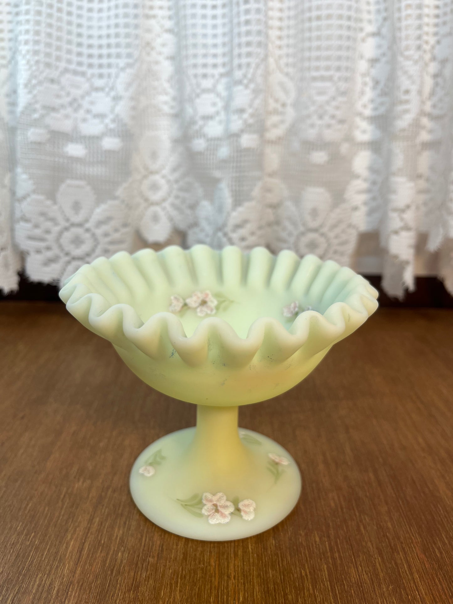 Vintage Uranium Ruffle Top Fenton Embossed Floral Design Pedestal Dish