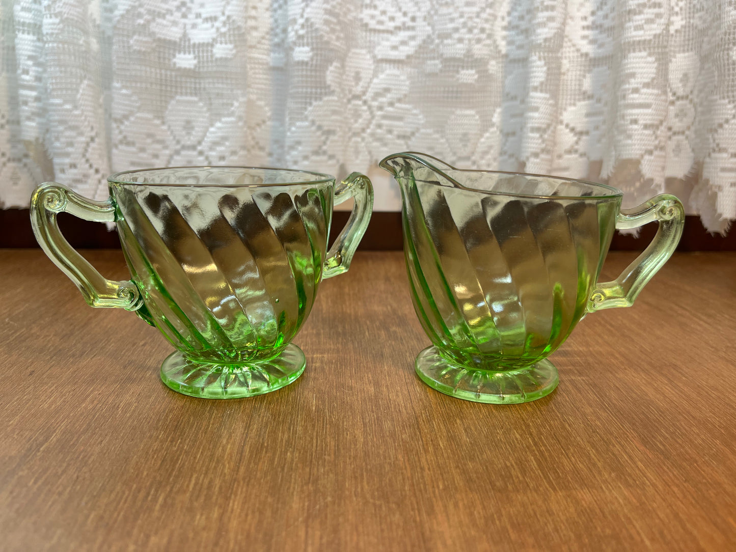 Vintage Spiral Uranium Glass Cream And Sugar Set