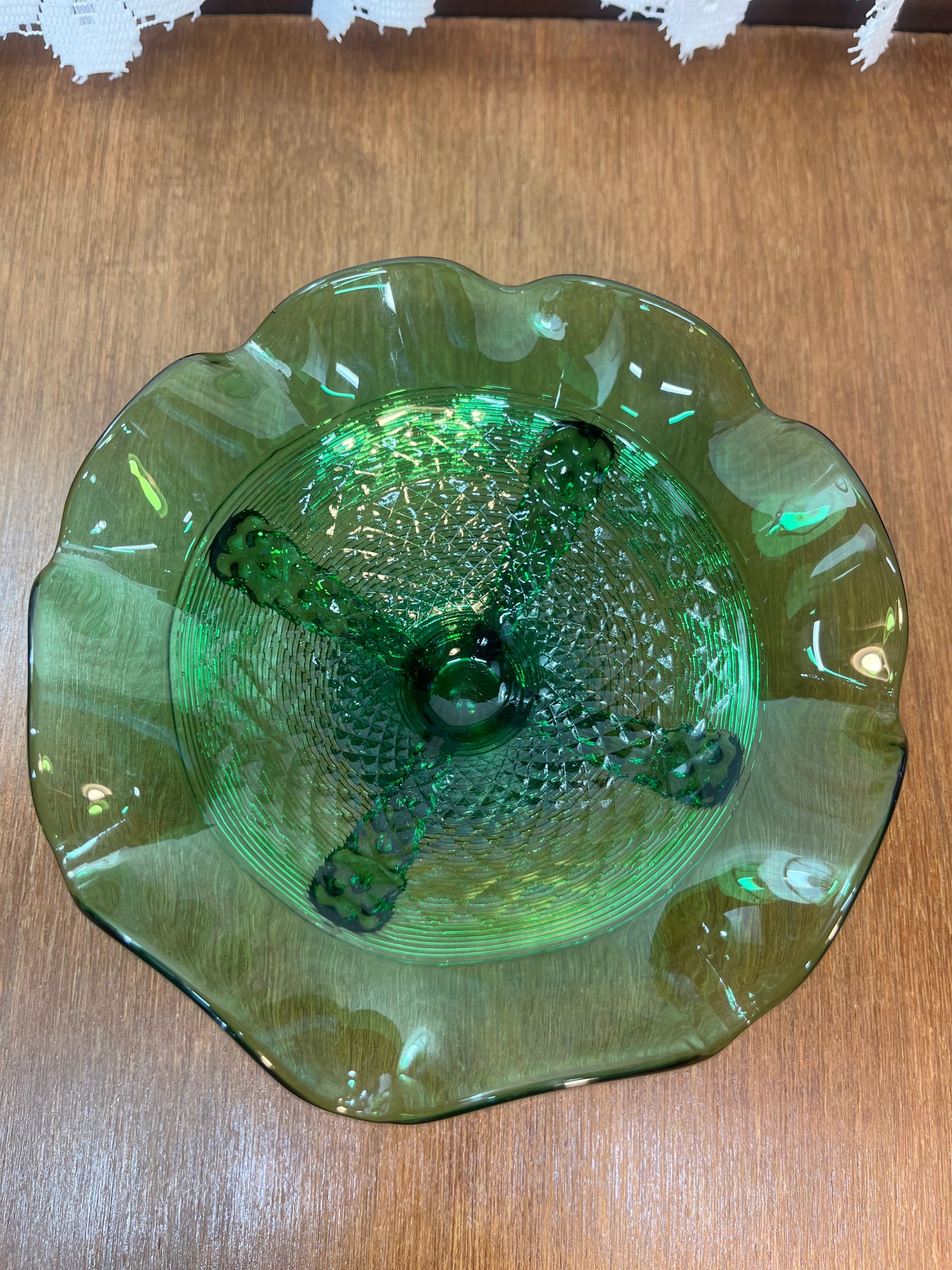 Vintage Emerald Green Ruffle Top Pedestal Dish