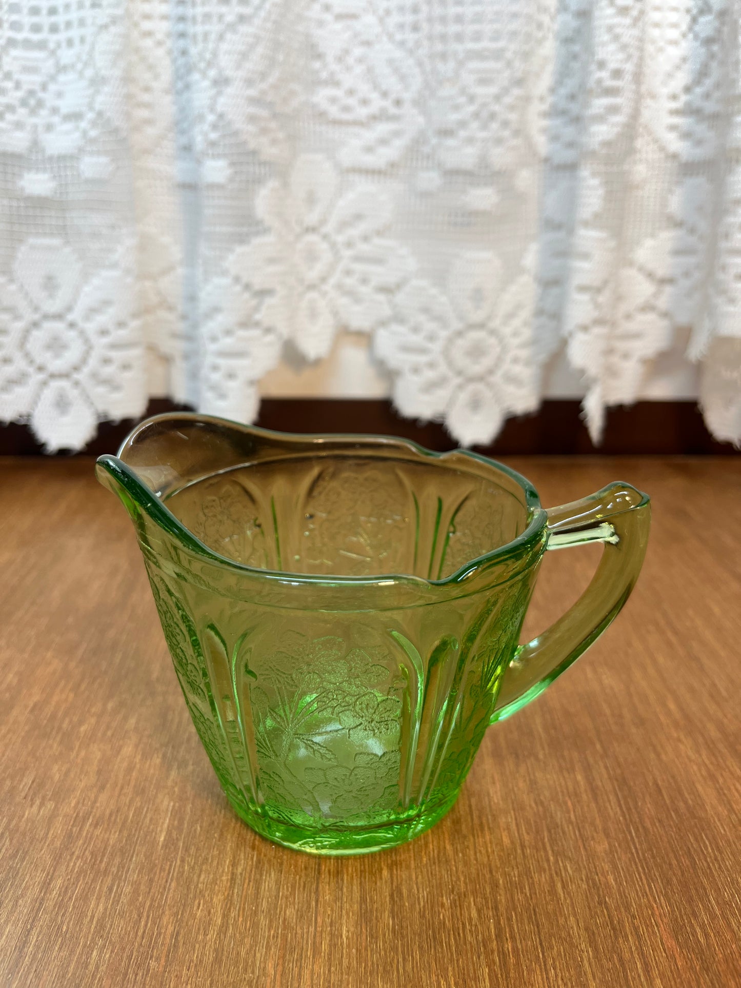 Vintage Floral Etched Uranium Cream And Sugar Set