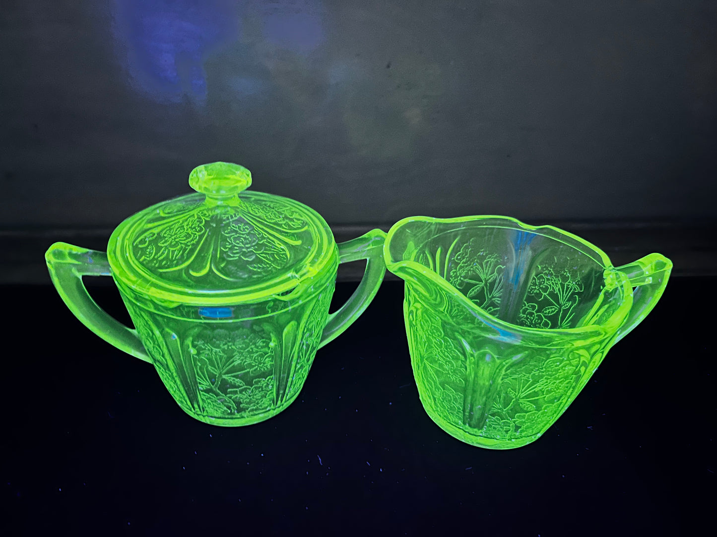 Vintage Floral Etched Uranium Cream And Sugar Set