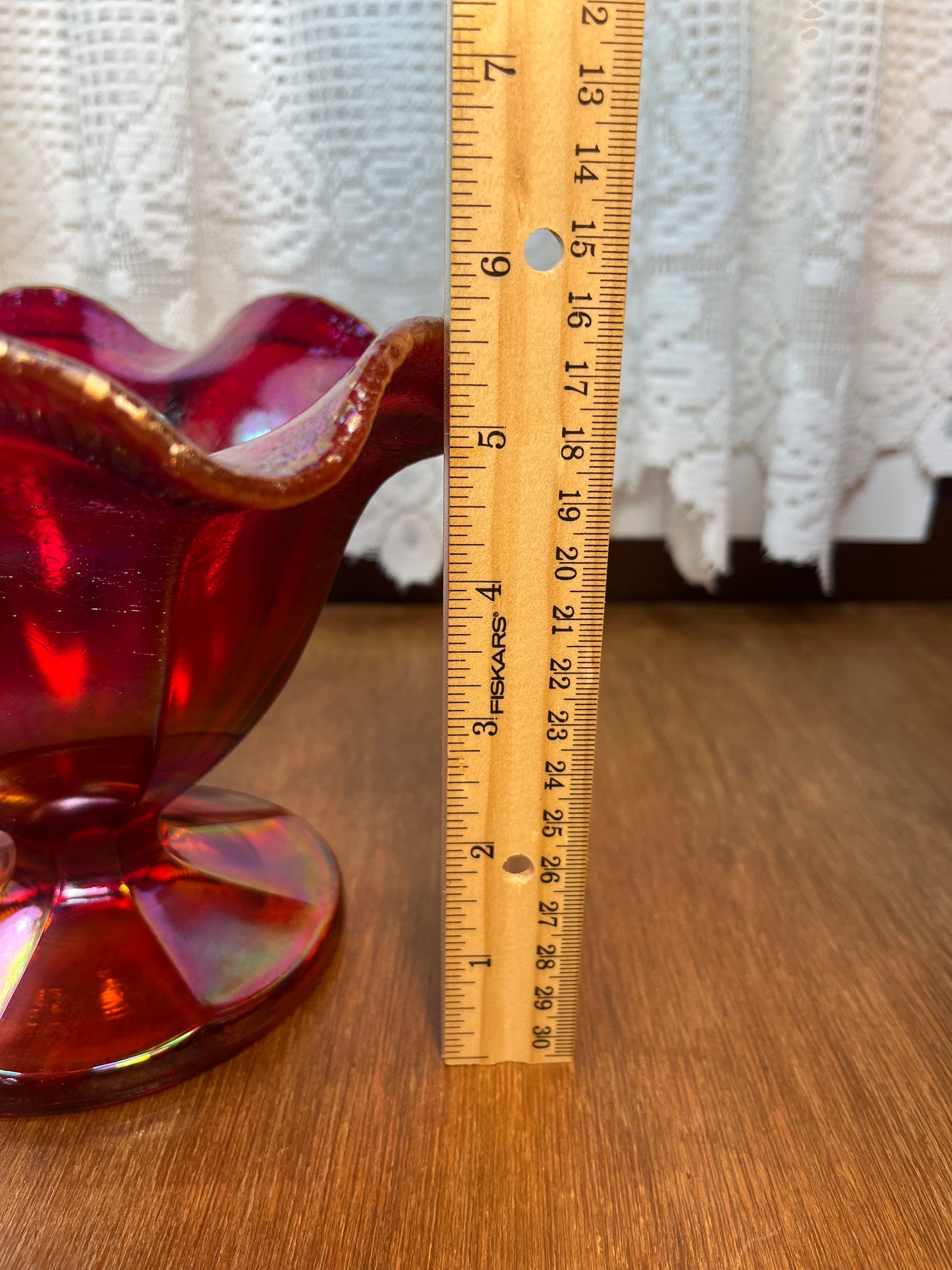 Vintage Amberina Fenton Carnival Glass Pedestal Ruffle Top Dish