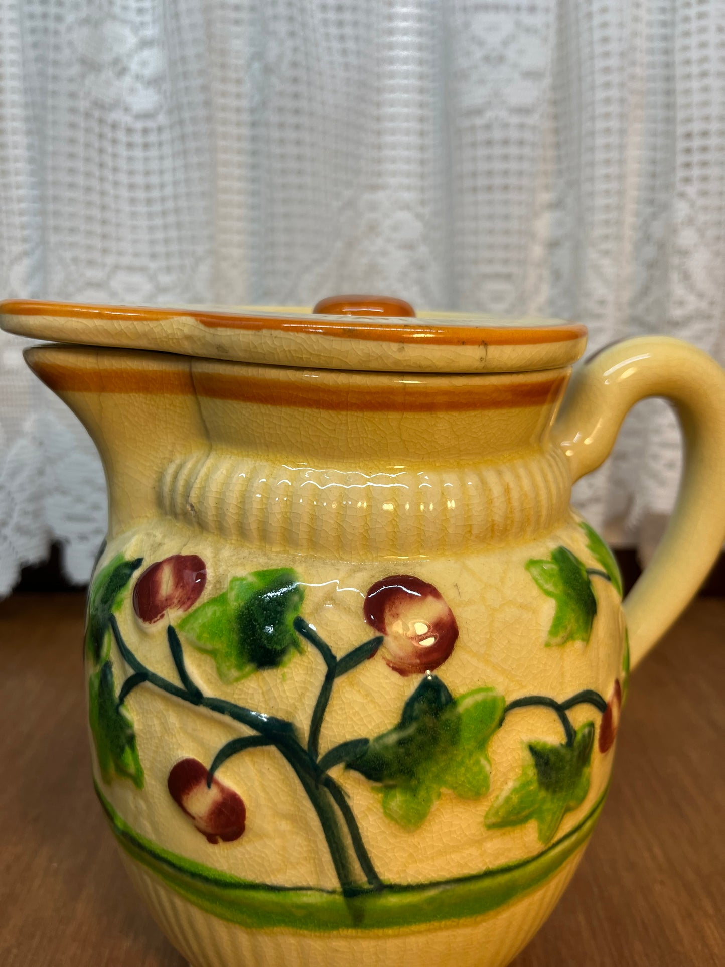 Vintage Uranium Glazed Tree & Apple Design Pitcher