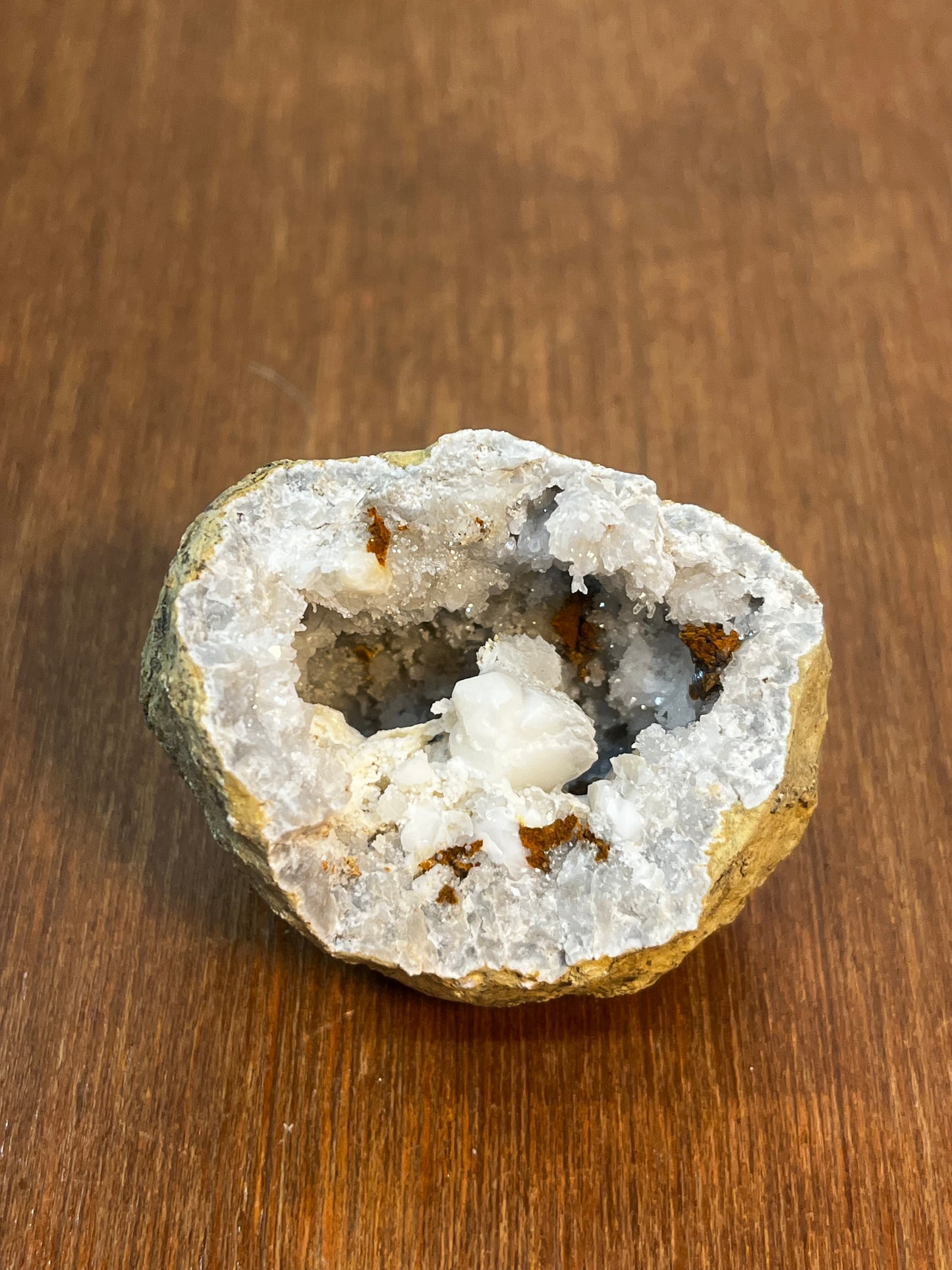 Unique White Geode With Brown & White Minerals And Crystals Inside