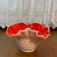 Vintage Ruffle Top Hobnail Milk Glass & Red Interior Art Glass Bowl