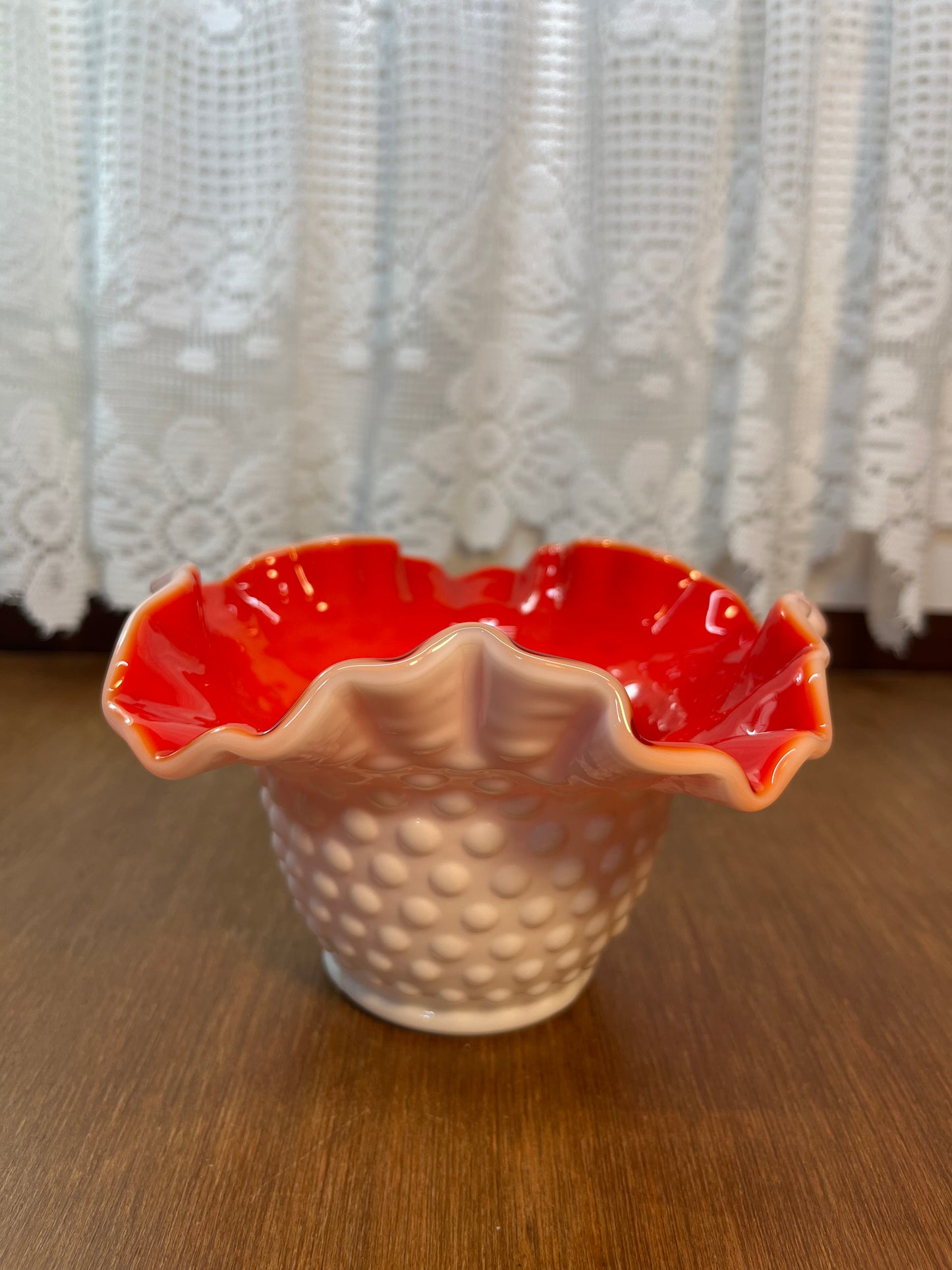 Vintage Ruffle Top Hobnail Milk Glass & Red Interior Art Glass Bowl