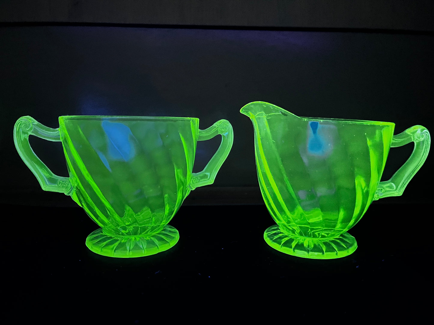 Vintage Spiral Uranium Glass Cream And Sugar Set