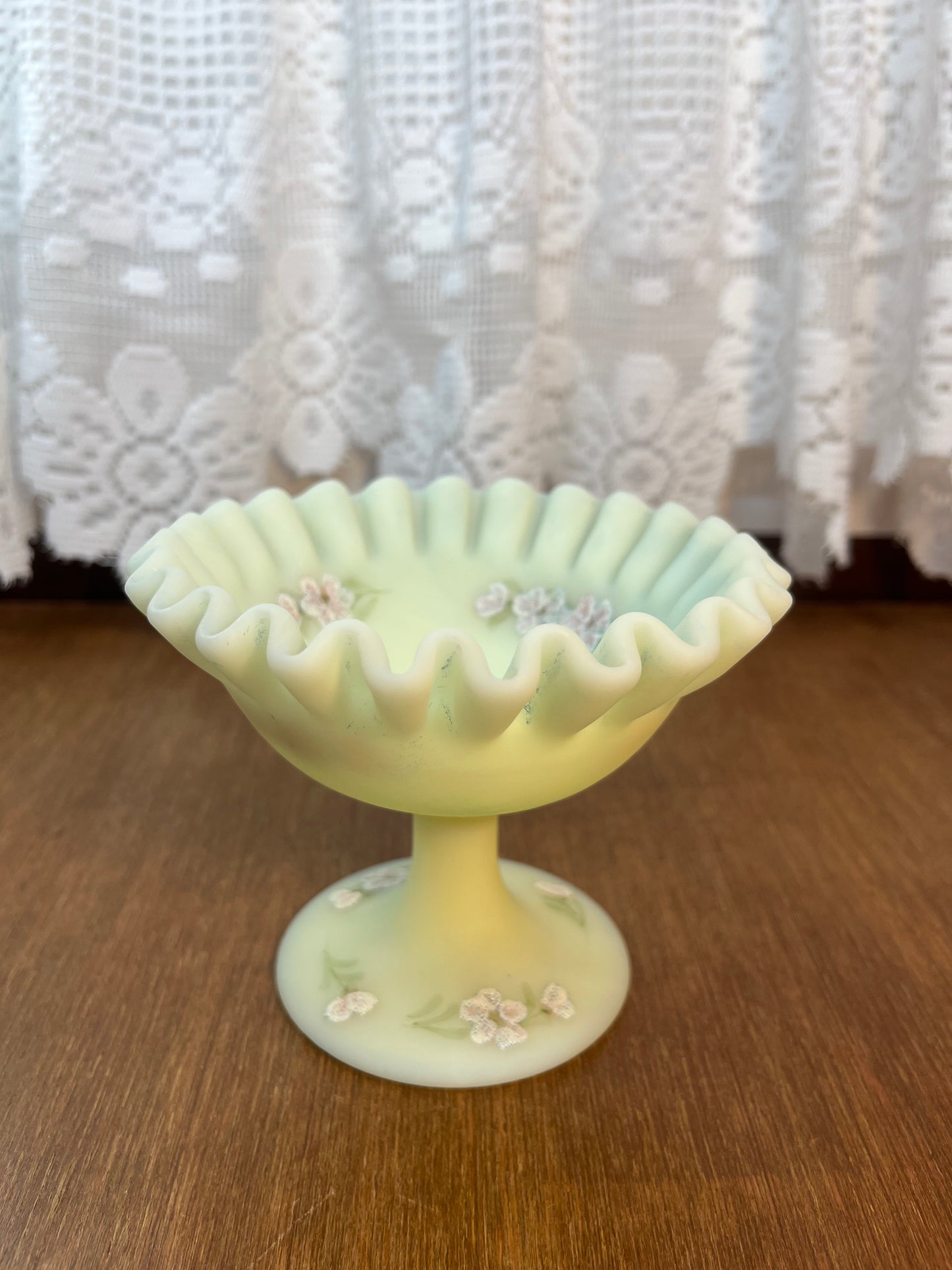 Vintage Uranium Ruffle Top Fenton Embossed Floral Design Pedestal Dish