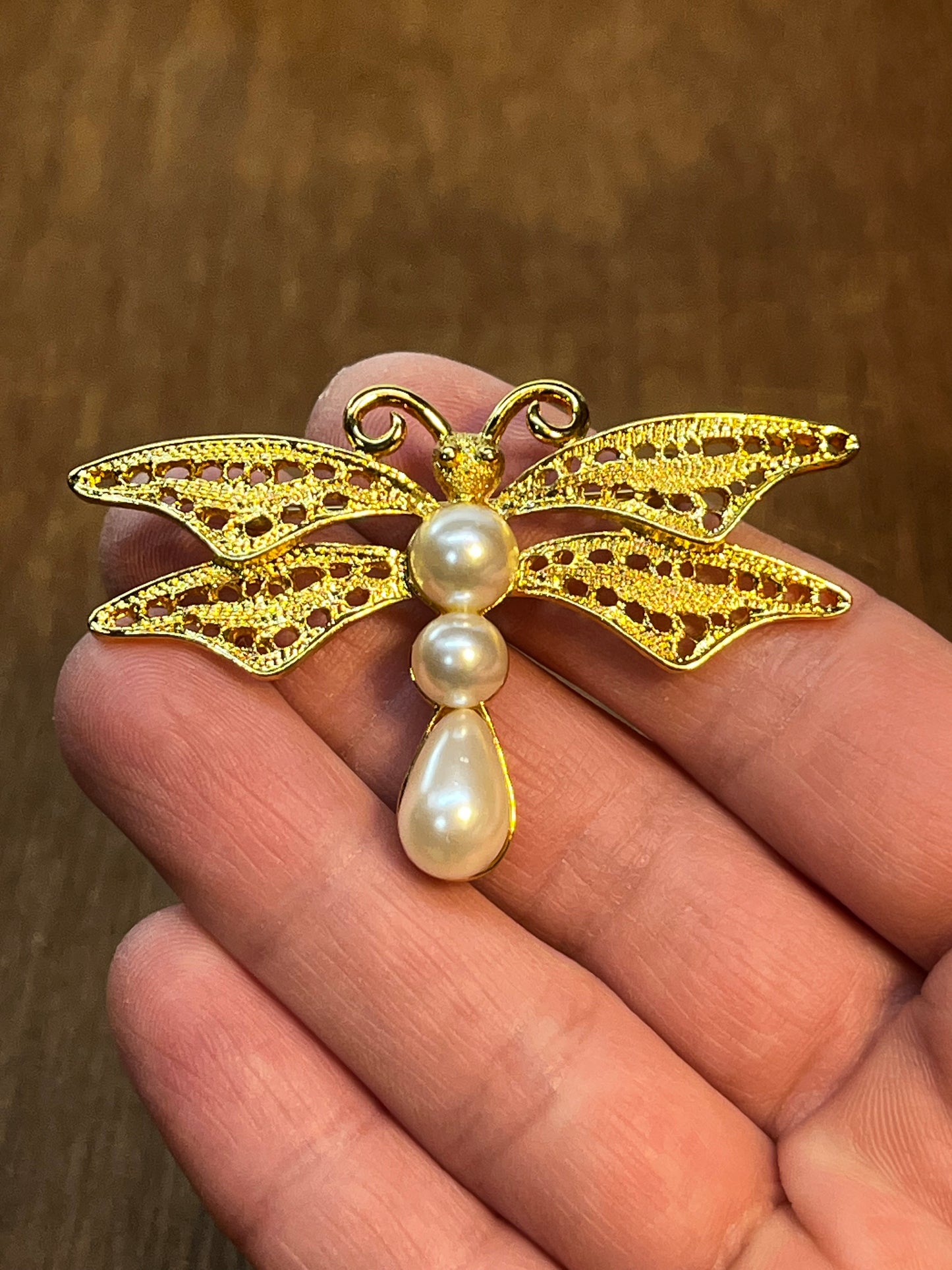 Vintage Gold Tone & Pearl Dragon Fly Brooch