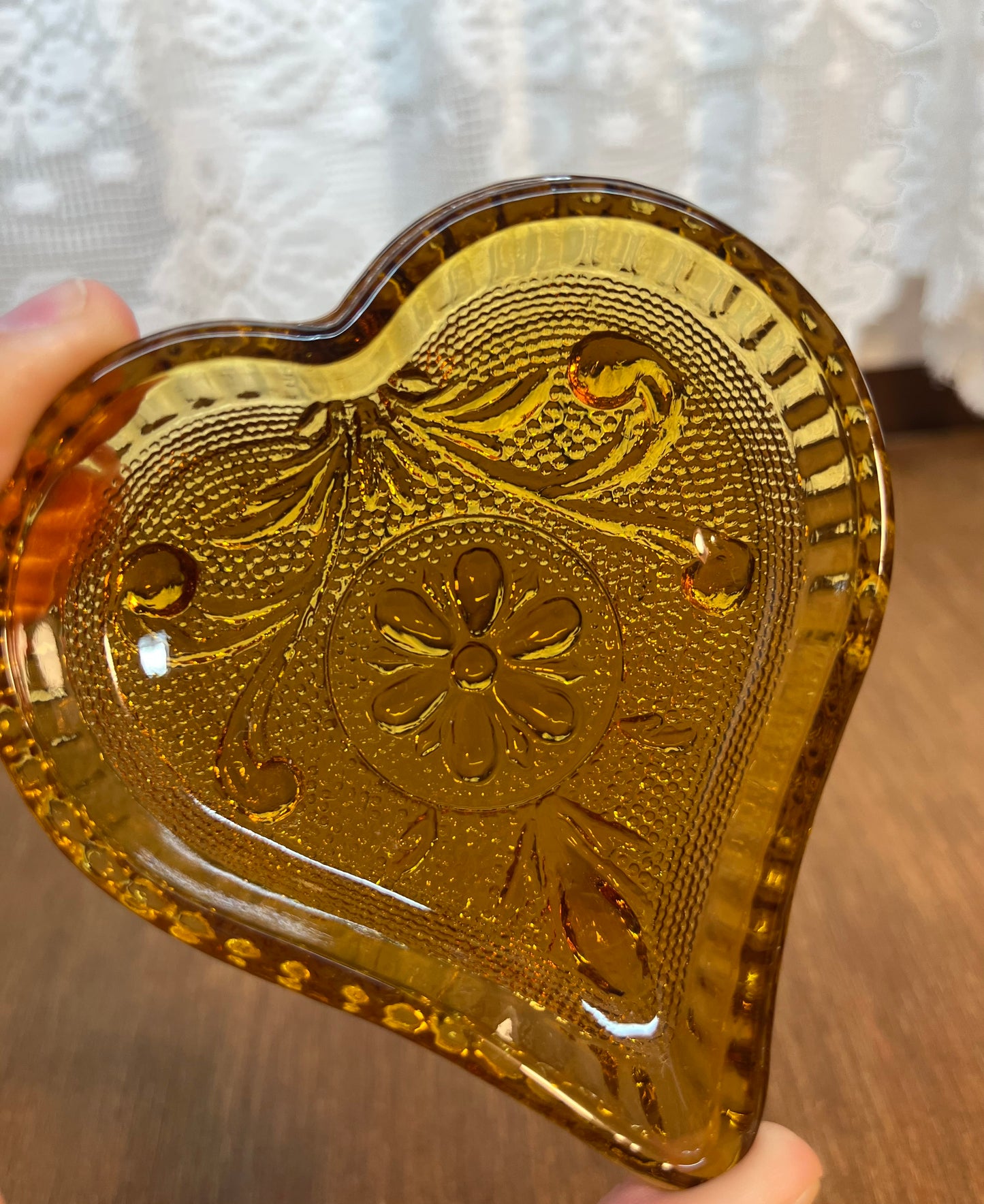 Vintage Amber Tiara Glass Heart Trinket