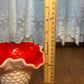 Vintage Ruffle Top Hobnail Milk Glass & Red Interior Art Glass Bowl