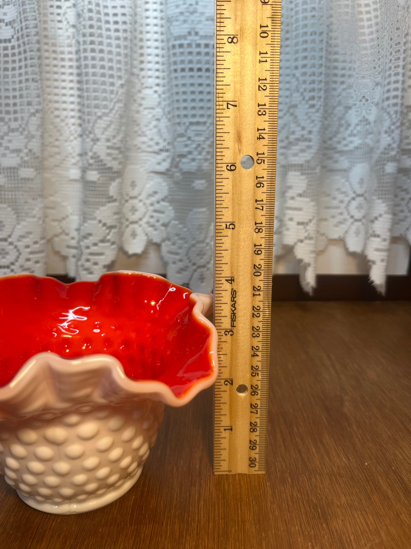 Vintage Ruffle Top Hobnail Milk Glass & Red Interior Art Glass Bowl