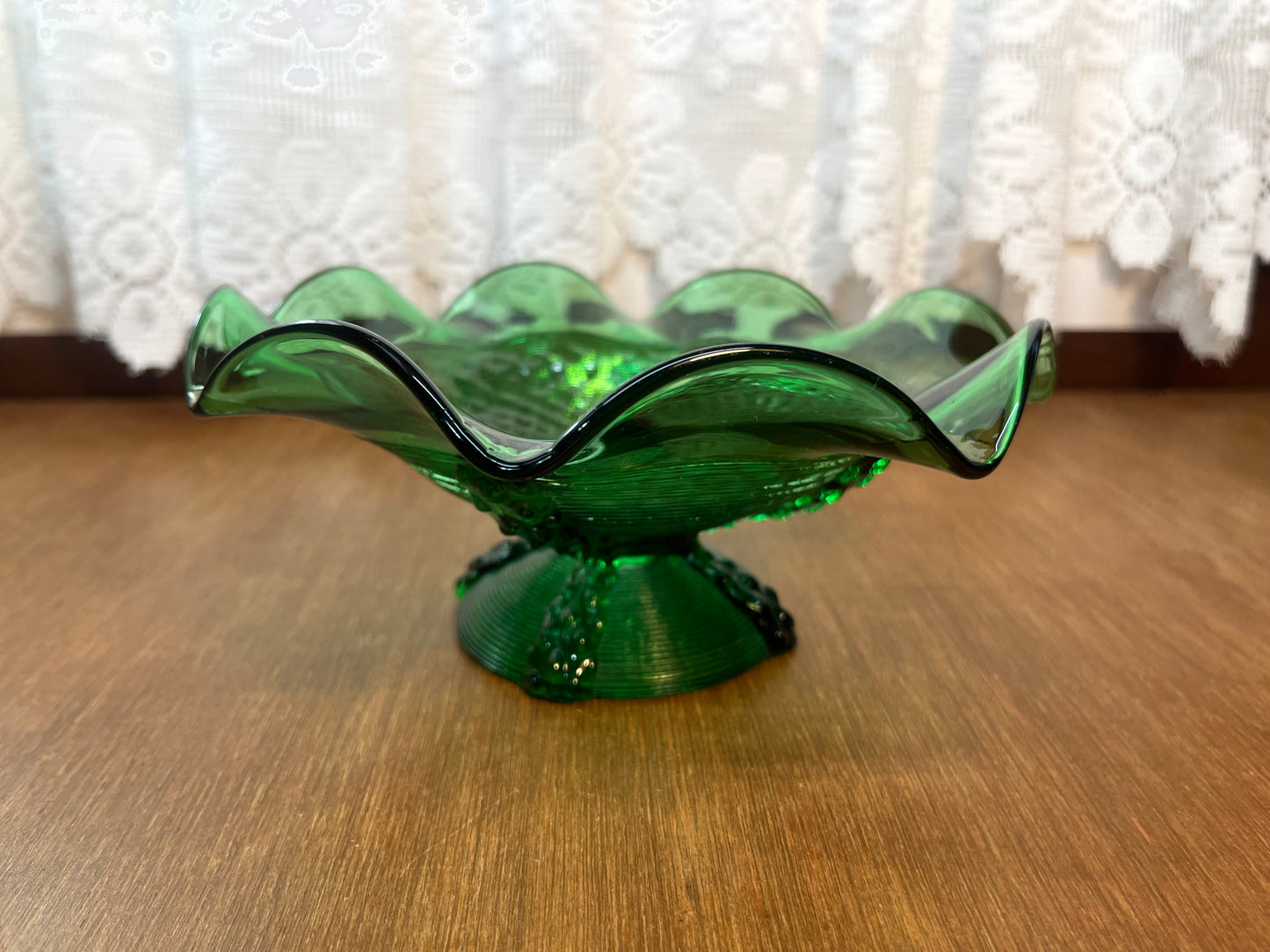 Vintage Emerald Green Ruffle Top Pedestal Dish