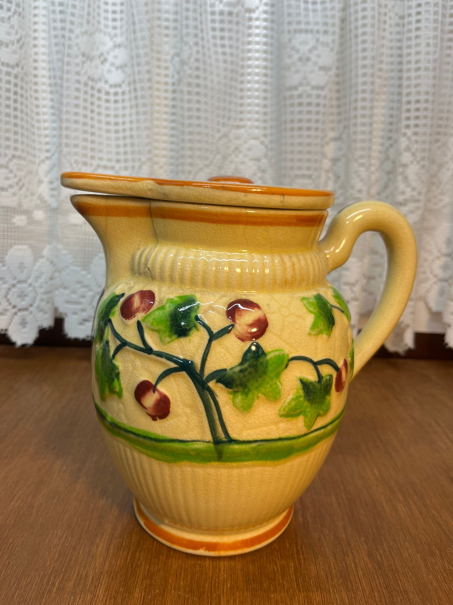 Vintage Uranium Glazed Tree & Apple Design Pitcher