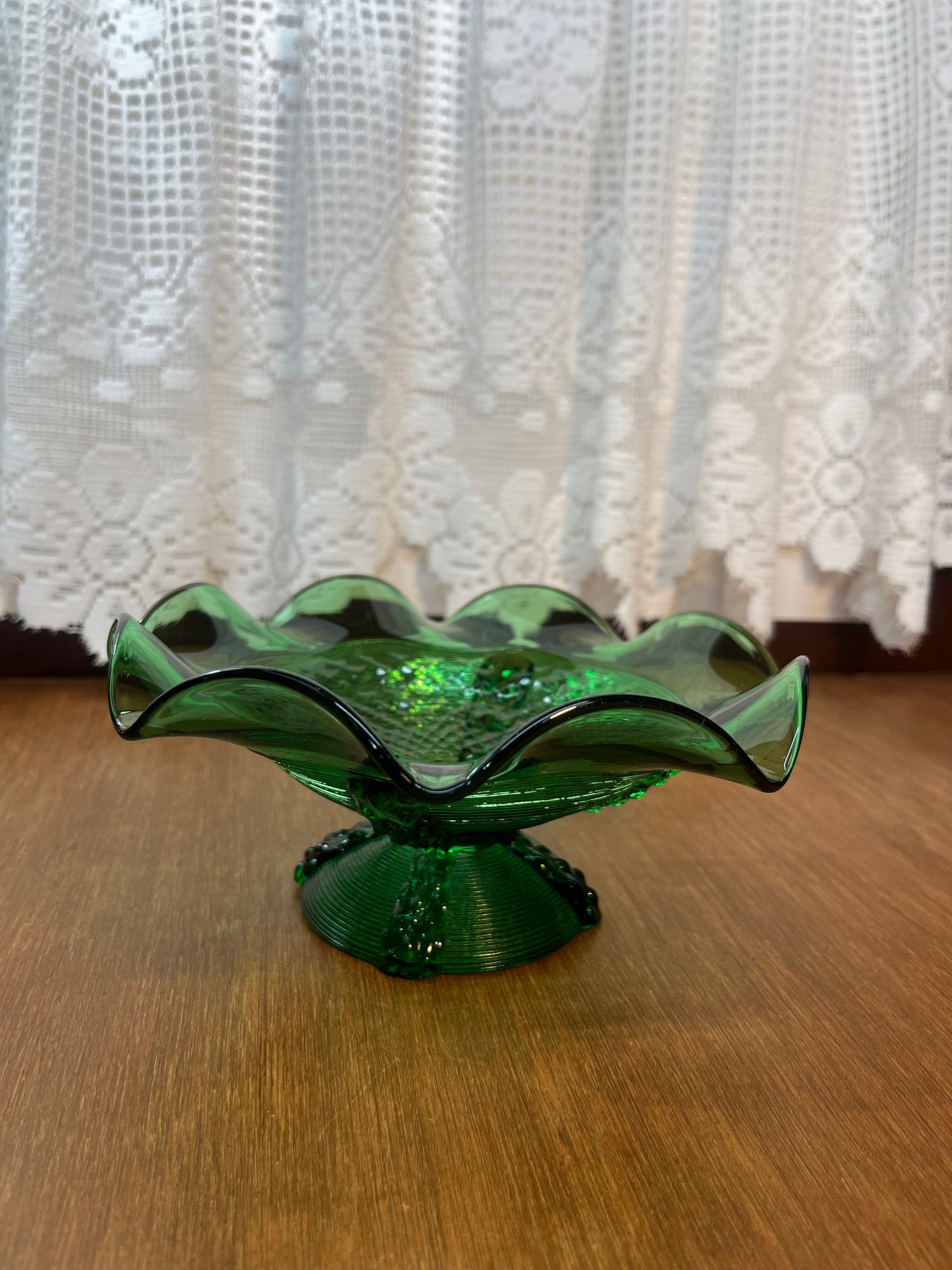 Vintage Emerald Green Ruffle Top Pedestal Dish