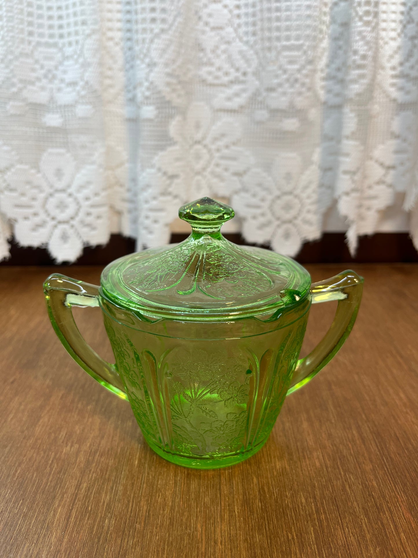 Vintage Floral Etched Uranium Cream And Sugar Set