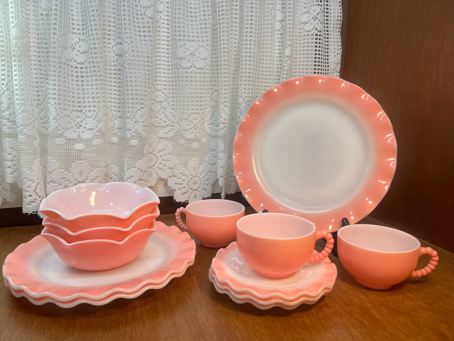 Vintage 1950’s Crinoline Hazel Atlas Pink Ruffled 12 Piece Dinning Set